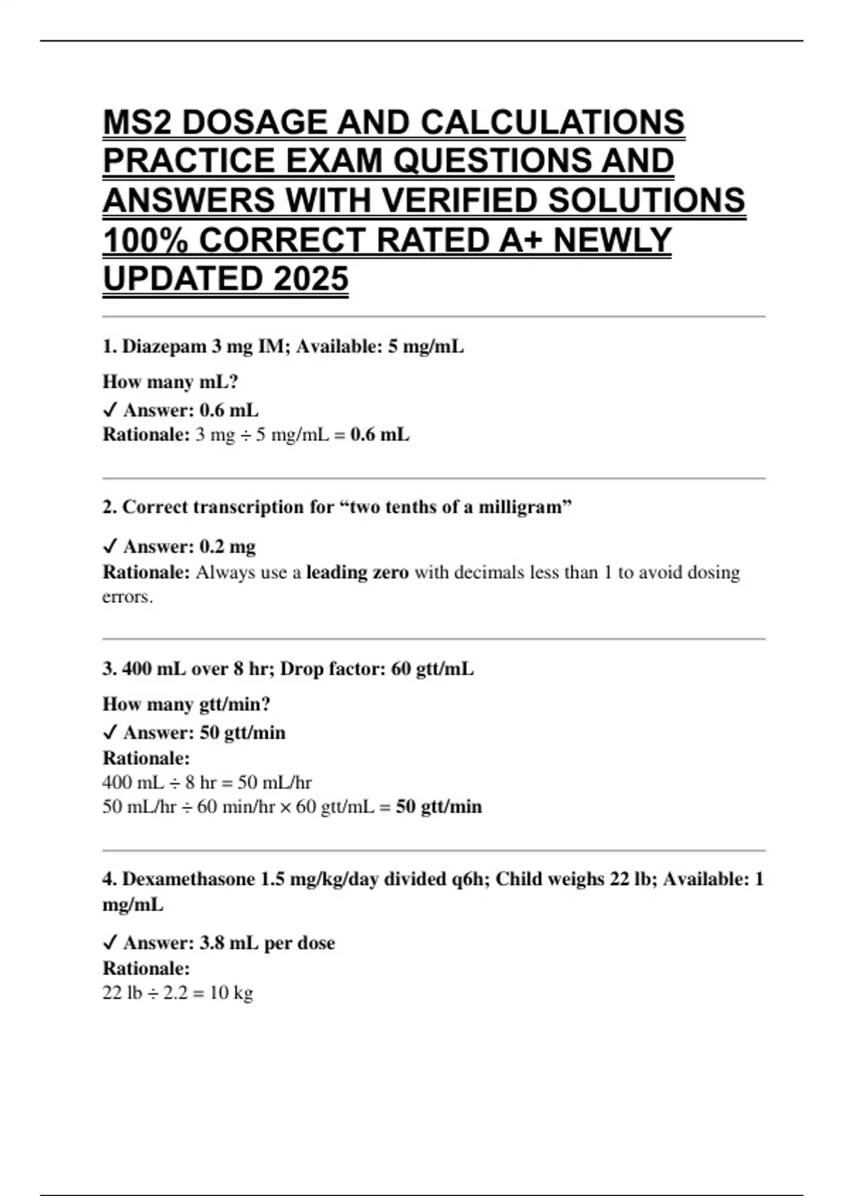 MS2 DOSAGE AND CALCULATIONS PRACTICE EXAM QUESTIONS AND ANSWERS WITH ...
