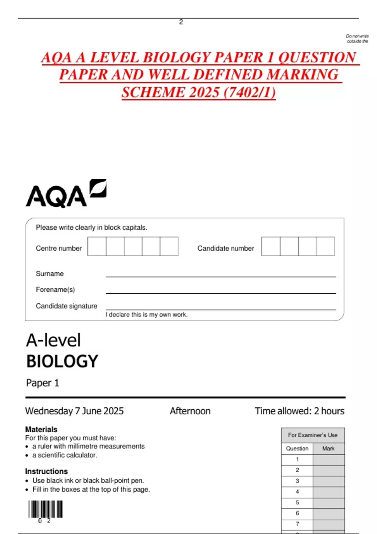 AQA A LEVEL BIOLOGY PAPER 1 QUESTION PAPER AND WELL DEFINED MARKING ...