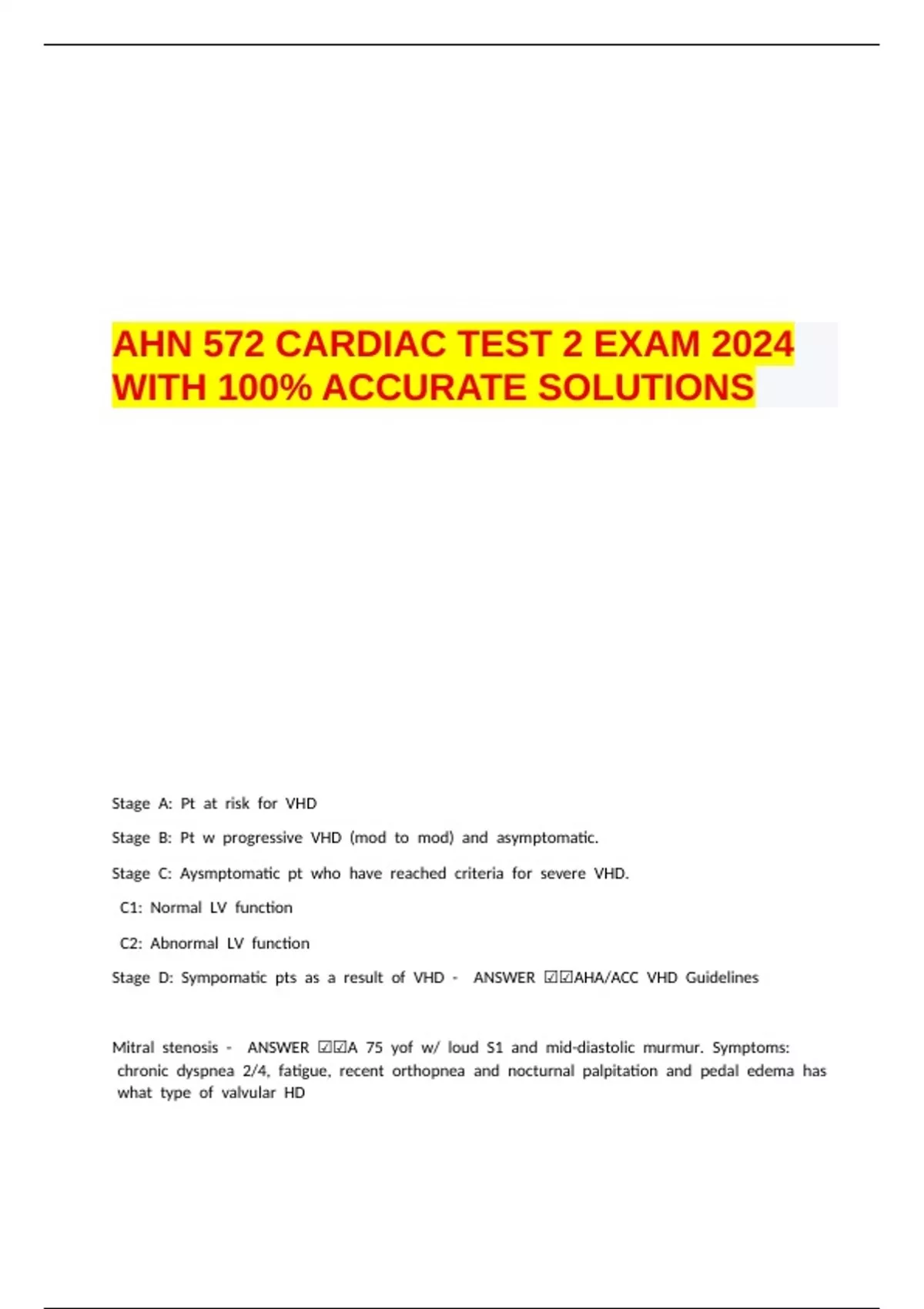 AHN 572 CARDIAC TEST 2 EXAM 2024 WITH 100% ACCURATE SOLUTIONS - AHN 572 ...