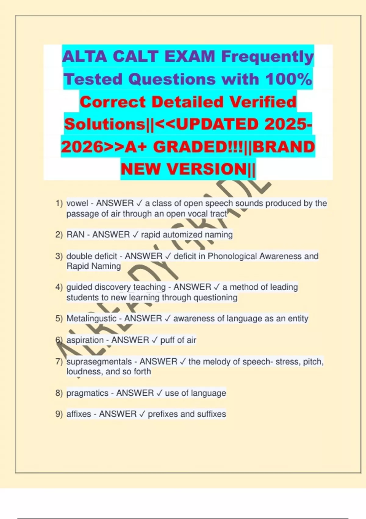 ALTA CALT Exam Frequently Tested Questions with 100% Correct Detailed ...