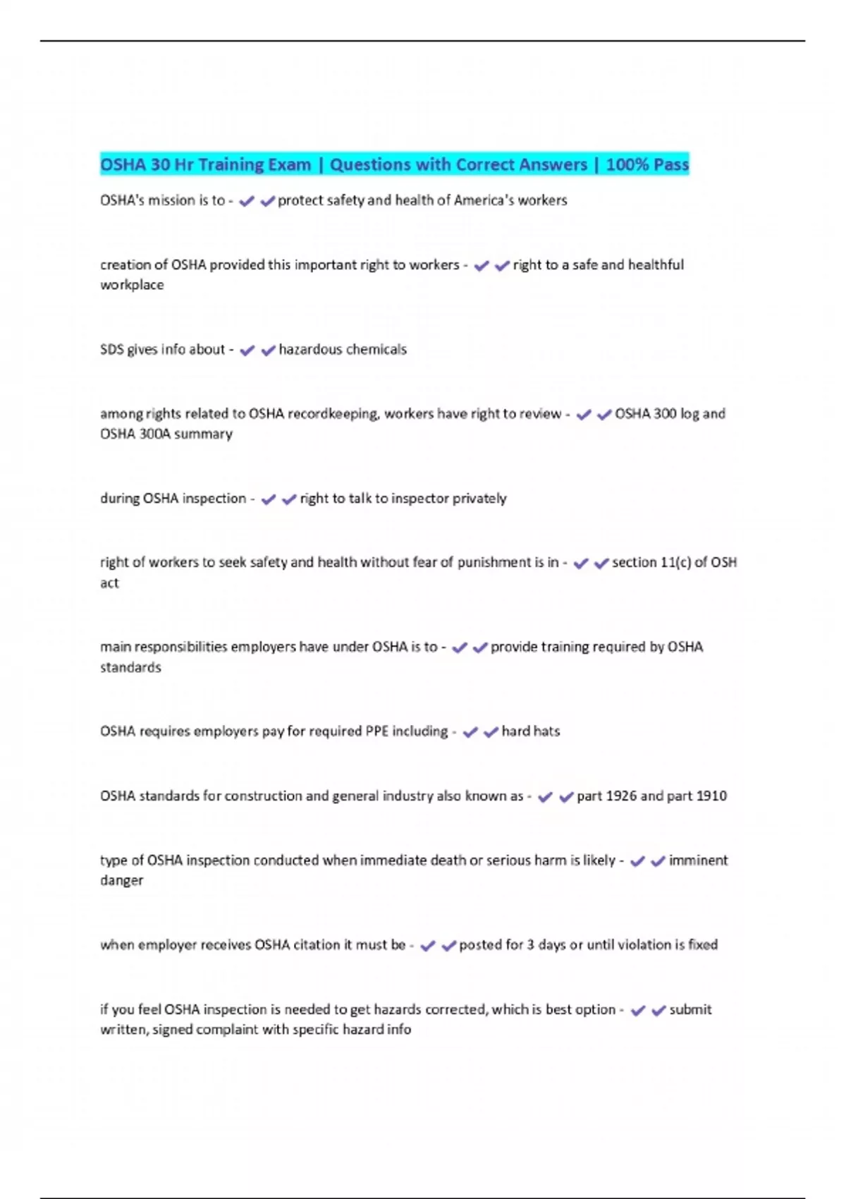 OSHA 30 Hr Training Exam | Questions with Correct Answers | 100% Pass ...