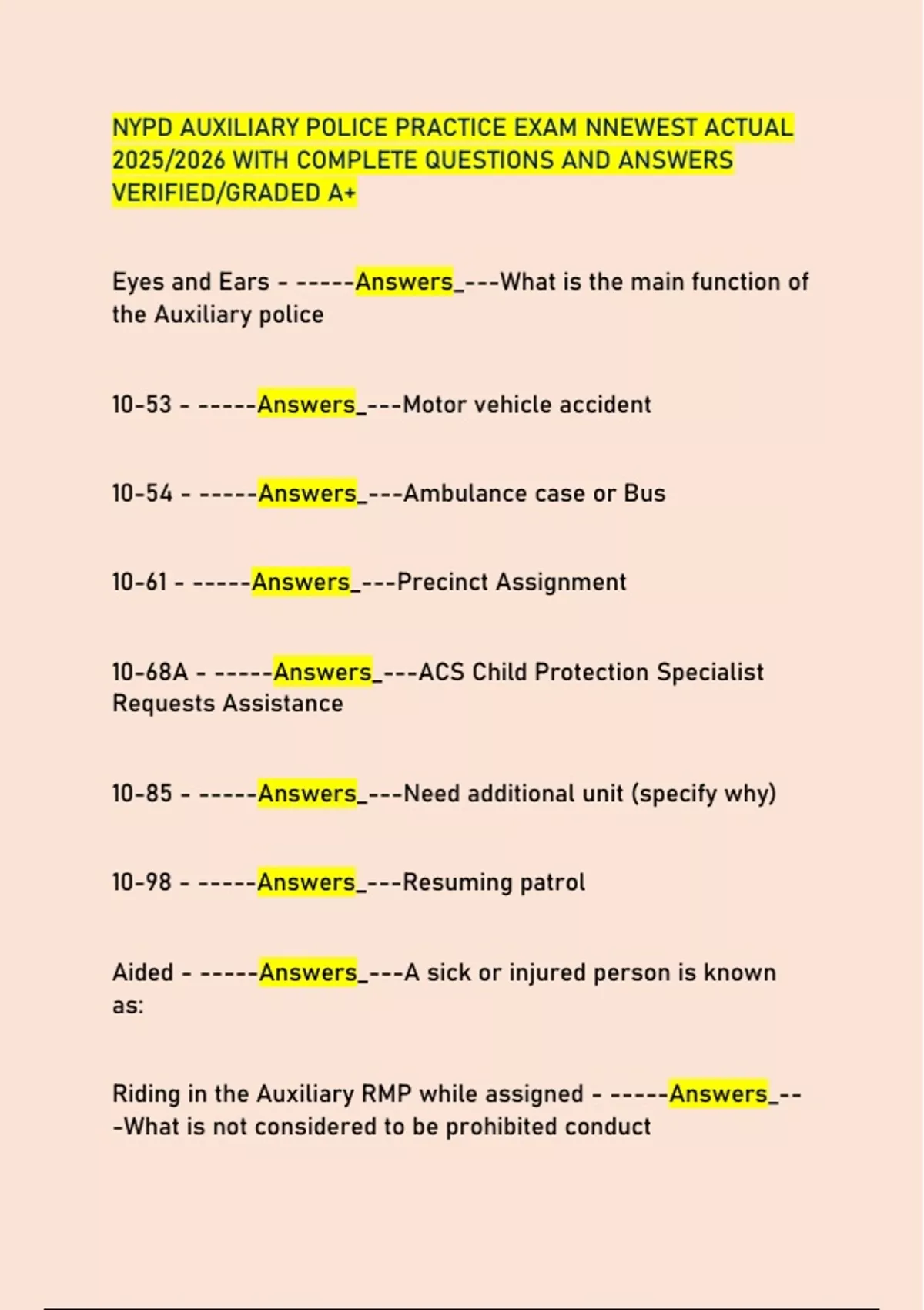 NYPD AUXILIARY POLICE PRACTICE EXAM NNEWEST ACTUAL 2025/2026 WITH COMPLETE QUESTIONS AND ANSWERS ...