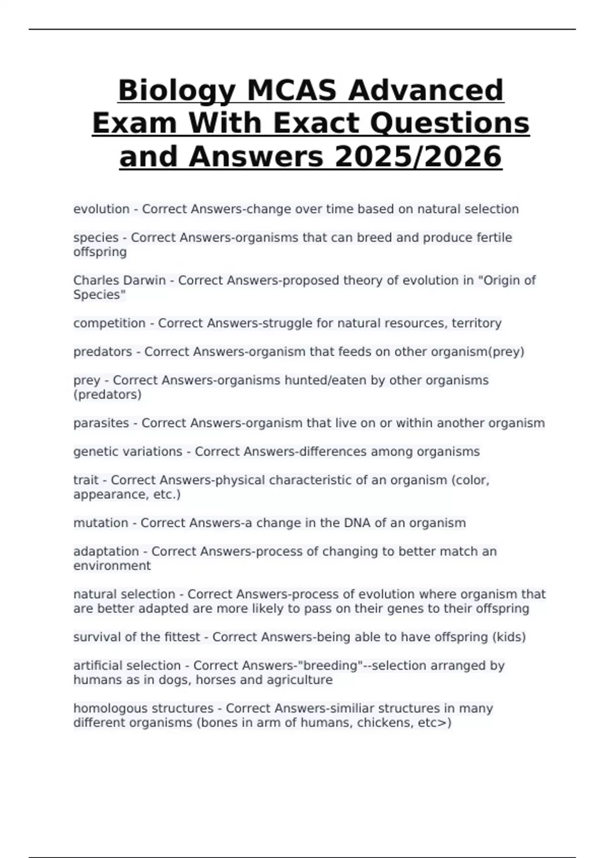 Biology MCAS Advanced Exam | Exact Questions and Answers 2025/2026 ...