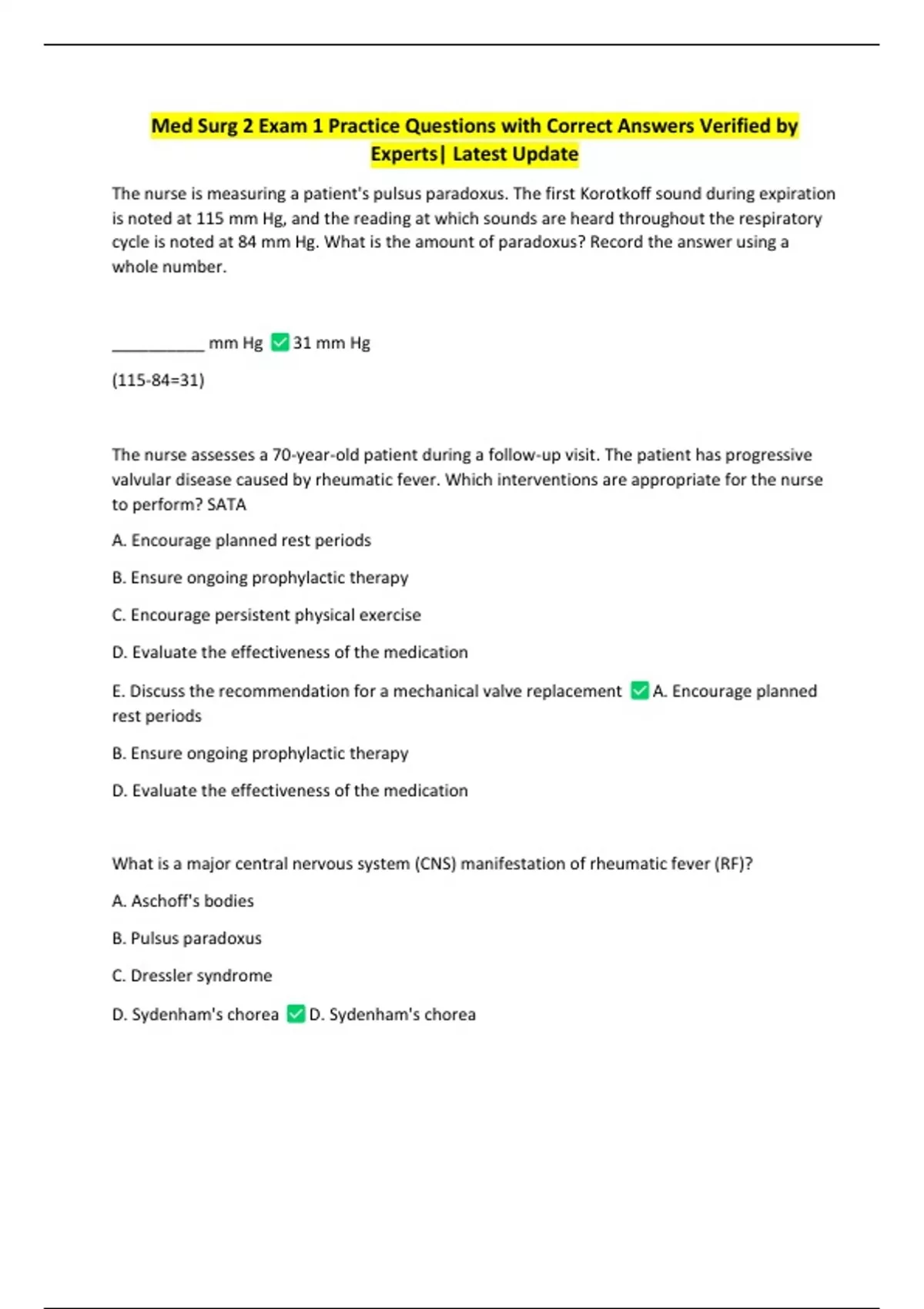 Med Surg 2 Exam 1 Practice Questions with Correct Answers Verified by ...