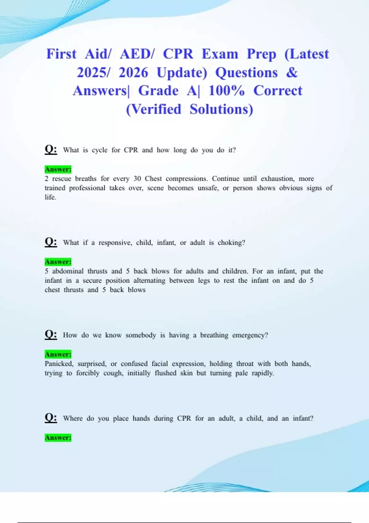 First Aid/ AED/ CPR Exam Prep (Latest 2025/ 2026 Update) Questions ...