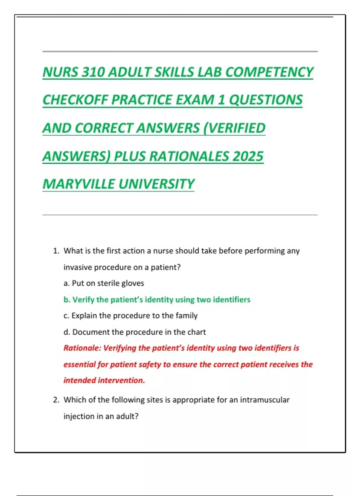 Check Competency Answers NURS 310 ADULT SKILLS LAB COMPETENCY CHECKOFF PRACTICE EXAM 1 QUESTIONS ...