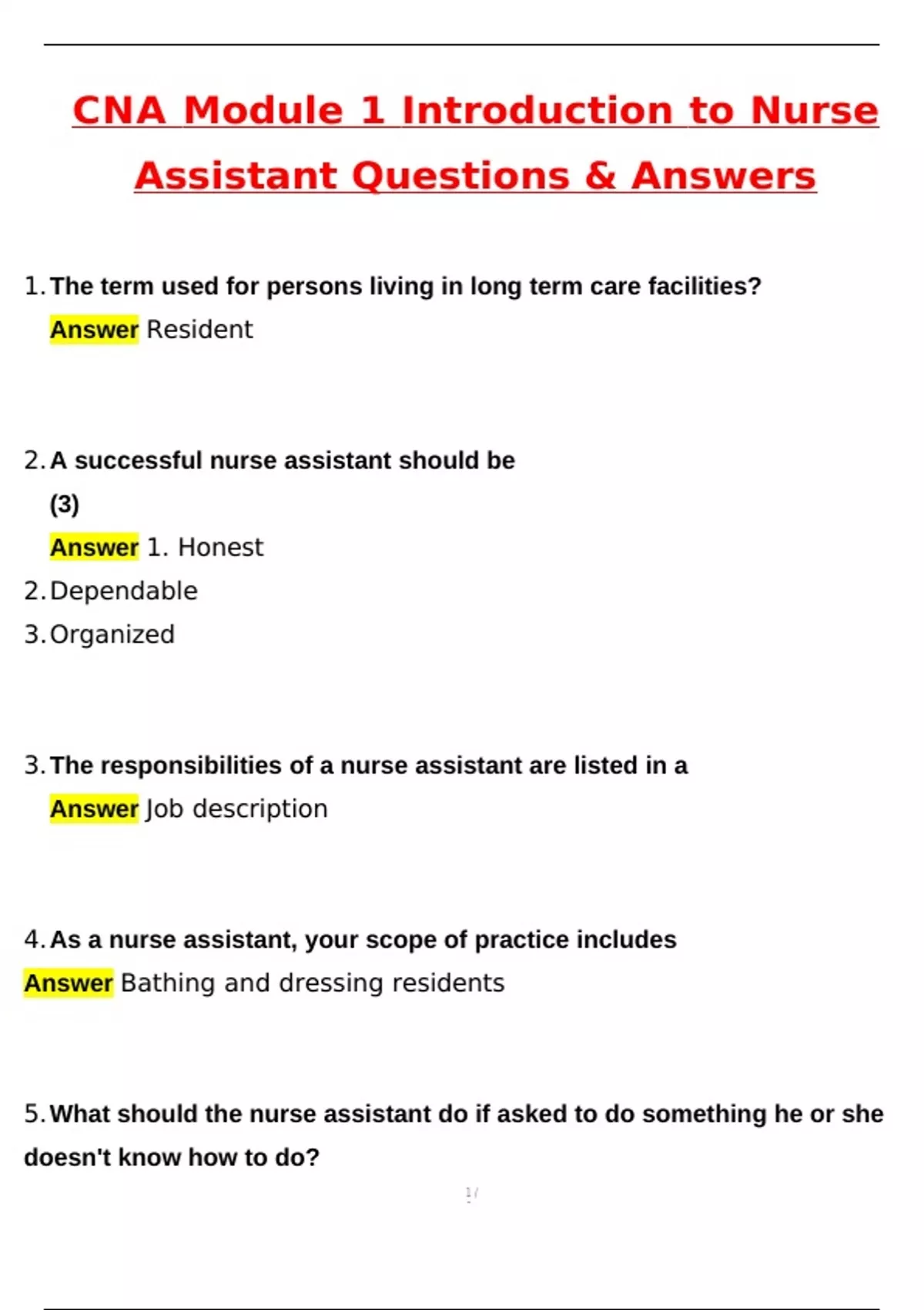 CNA Module 1 Introduction to Nurse Assistant Exam Latest 2025 Actual ...