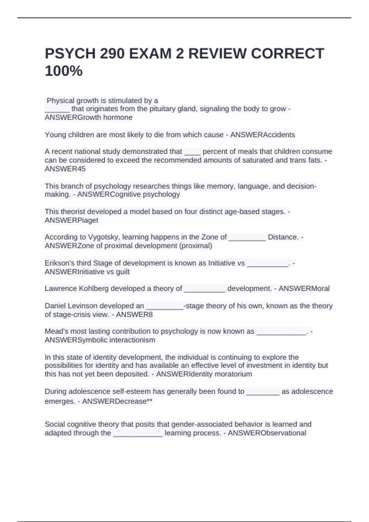PSYCH 290 EXAM 2 REVIEW CORRECT 100% - PSYCH 290 - Stuvia US
