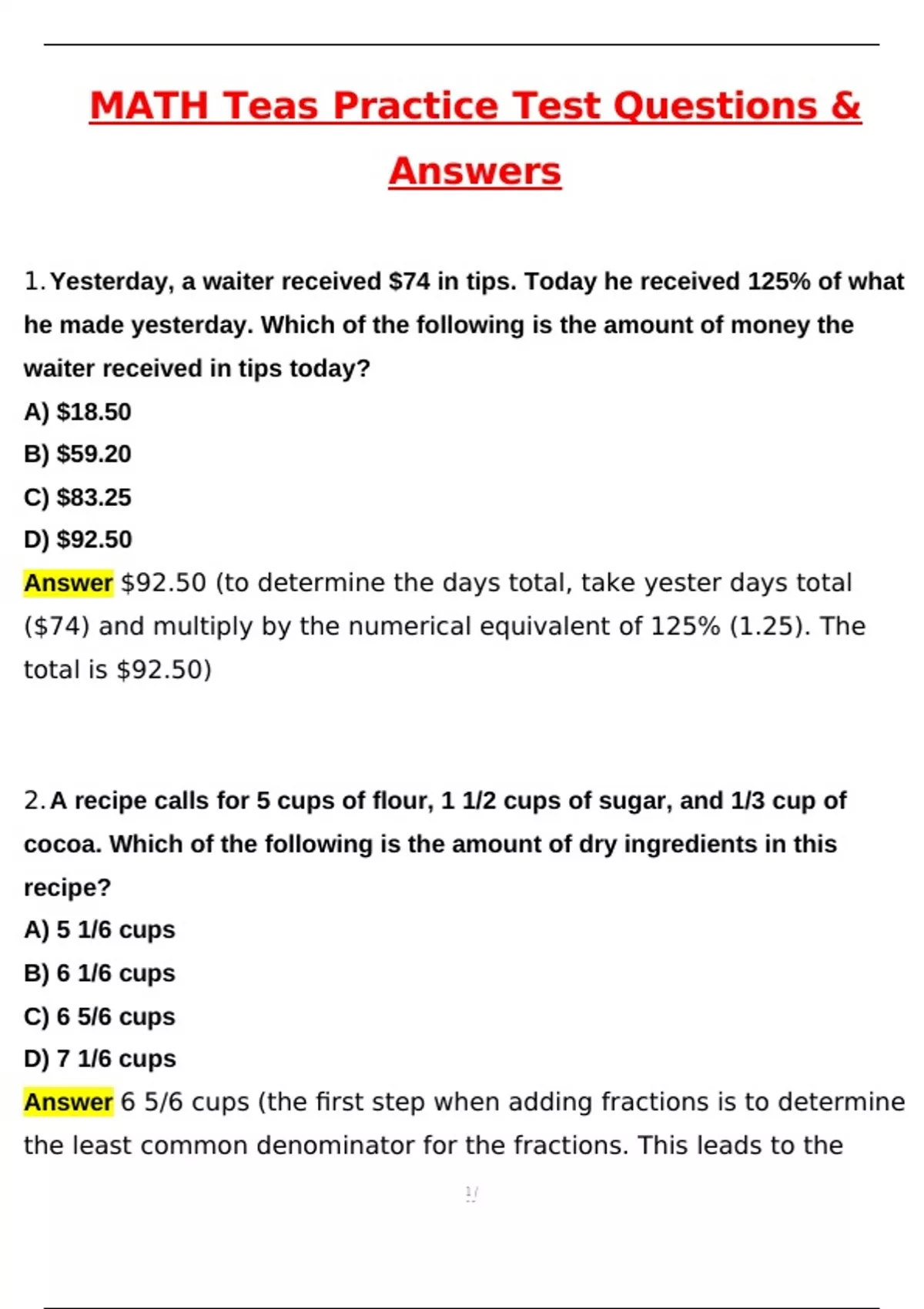 Math Teas Practice Test (Latest 2025/ 2026 Update) Questions and ...