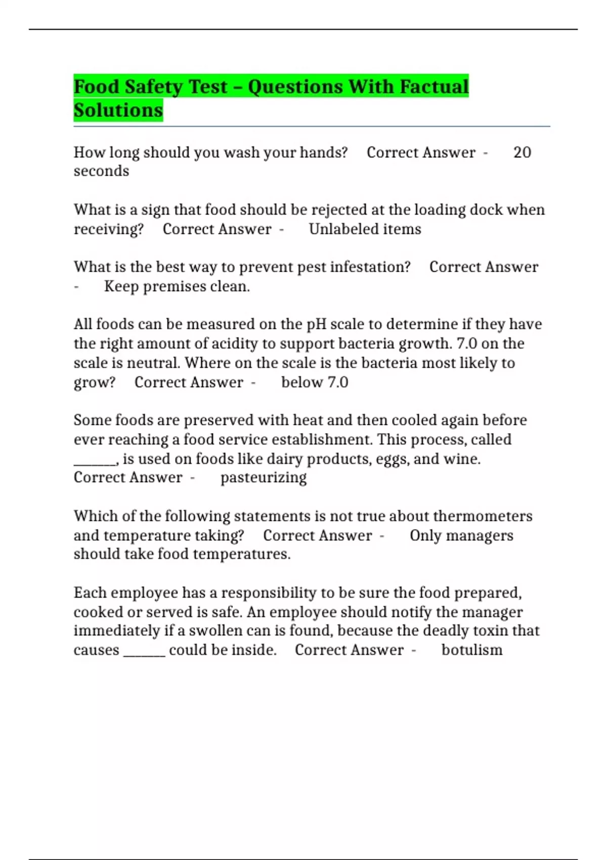 Food Safety Test – Questions With Factual Solutions - Publix - Stuvia US