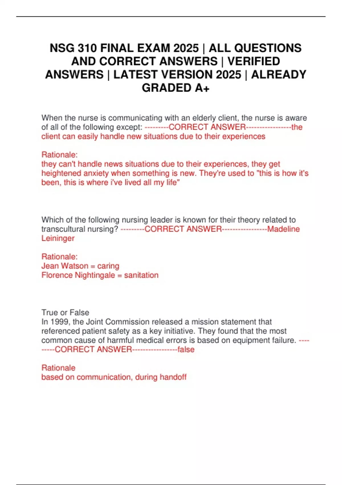 NSG 310 FINAL EXAM 2025 | ALL QUESTIONS AND CORRECT ANSWERS | VERIFIED ...