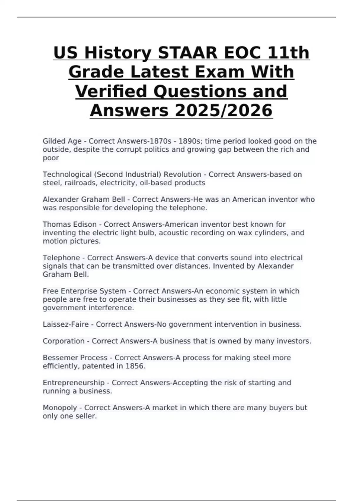 U.S. History STAAR EOC 11th Grade Latest Exam – Verified Questions and ...