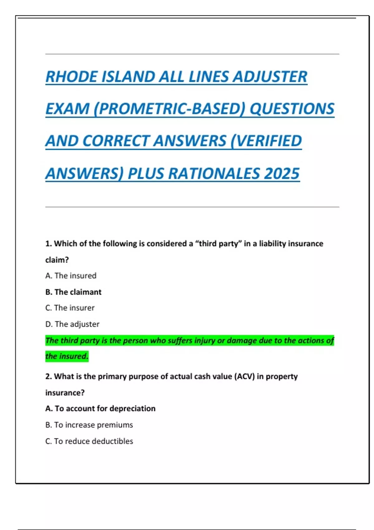 RHODE ISLAND ALL LINES ADJUSTER EXAM (PROMETRIC-BASED) QUESTIONS AND ...