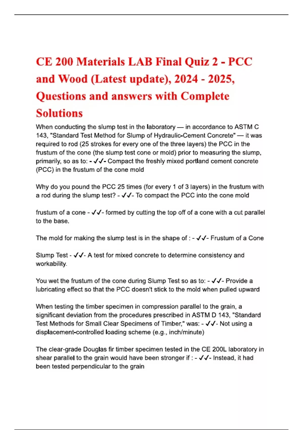 CE 200 Materials LAB Final Quiz 2 - PCC and Wood (Latest 2025/2026 ...
