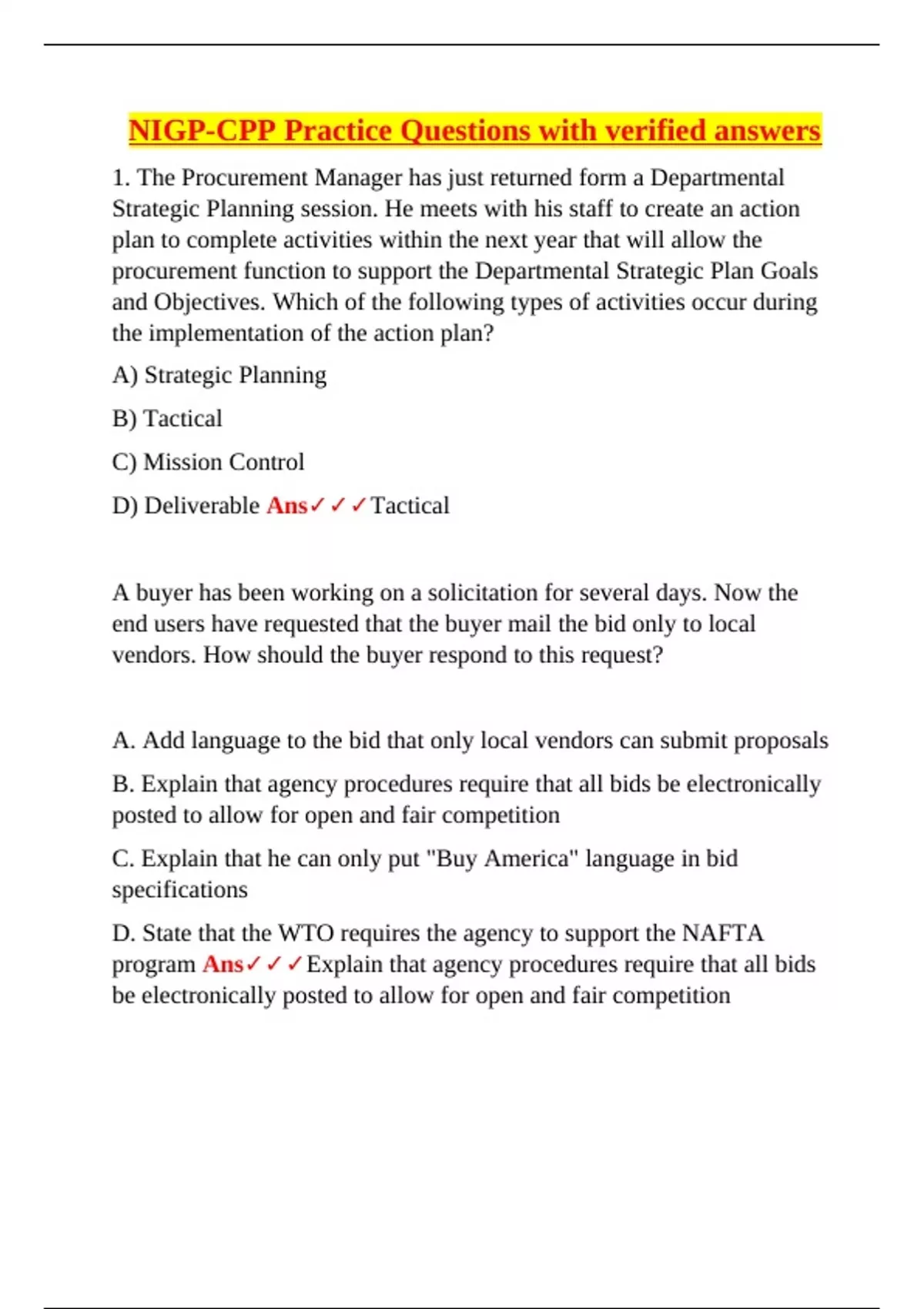 NIGP-CPP – Certified Procurement Professional Exam – Practice Questions ...