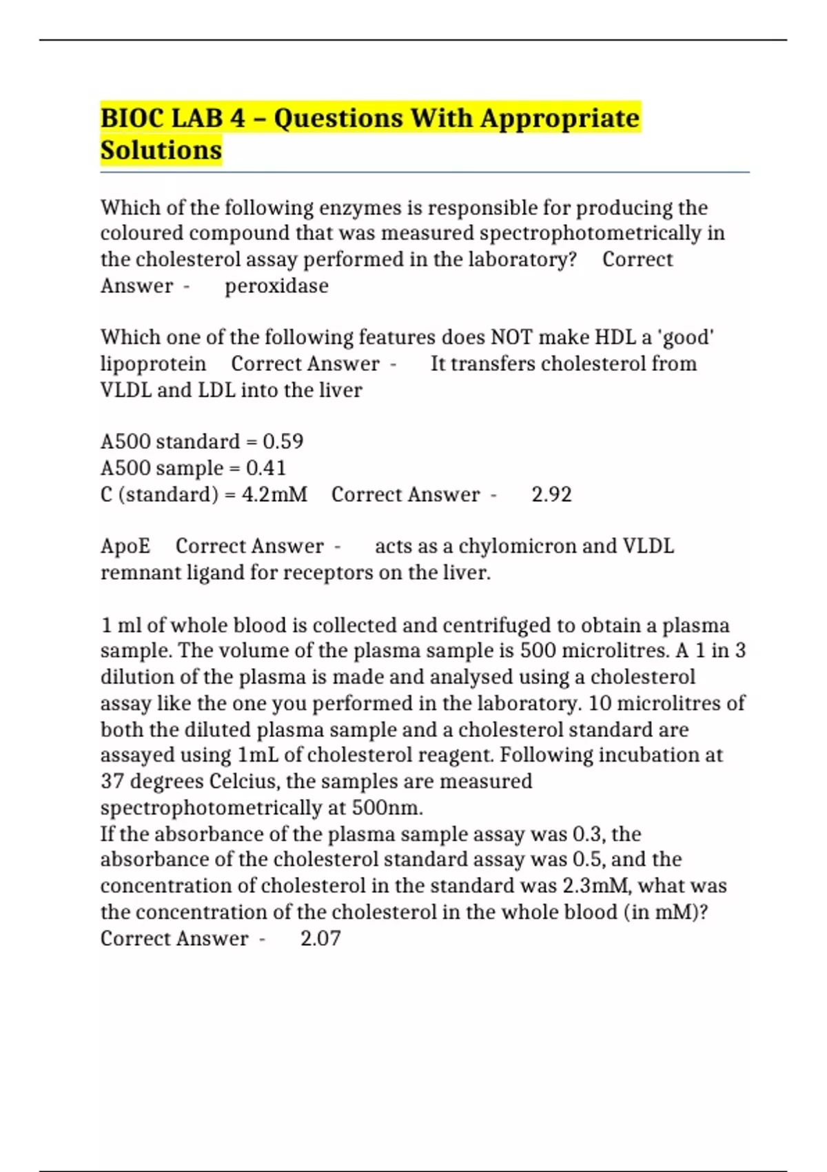 BIOC LAB 4 – Questions With Appropriate Solutions - BIOC - Stuvia US