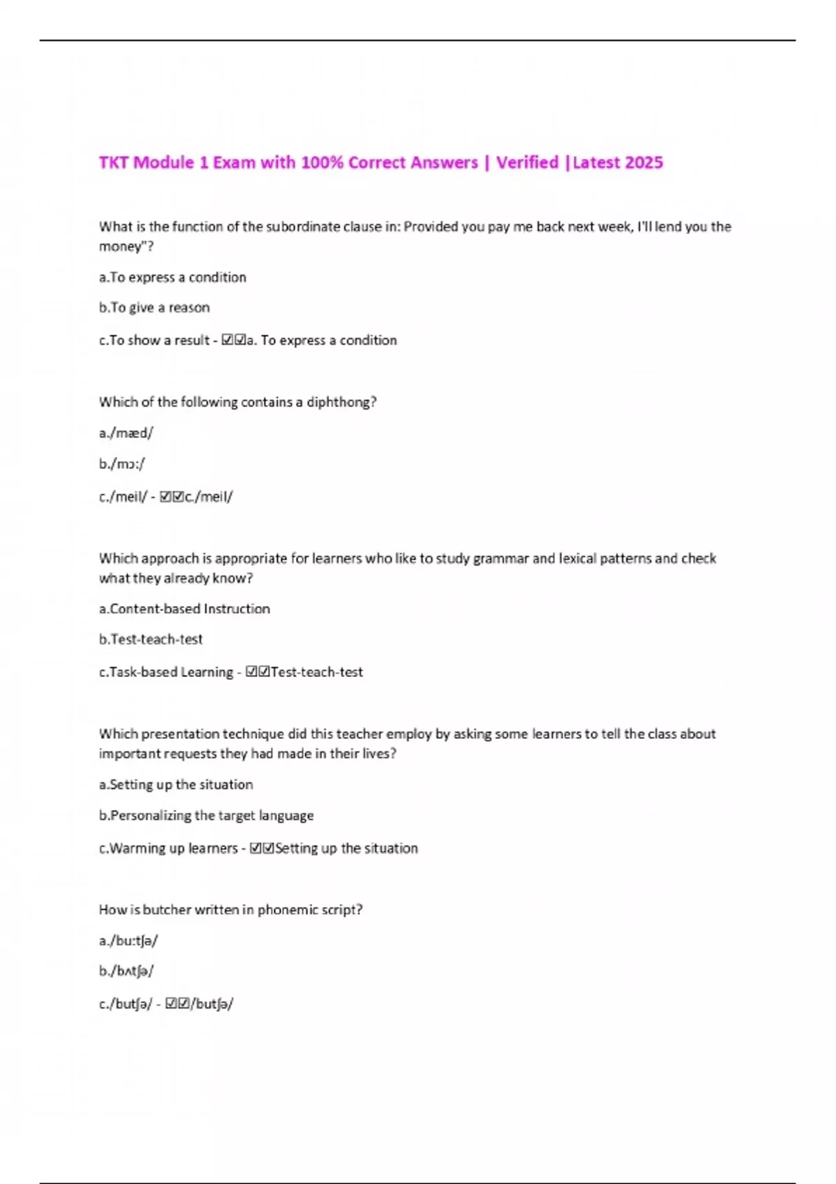 TKT Module 1 Exam with 100% Correct Answers | Verified |Latest 2025 ...