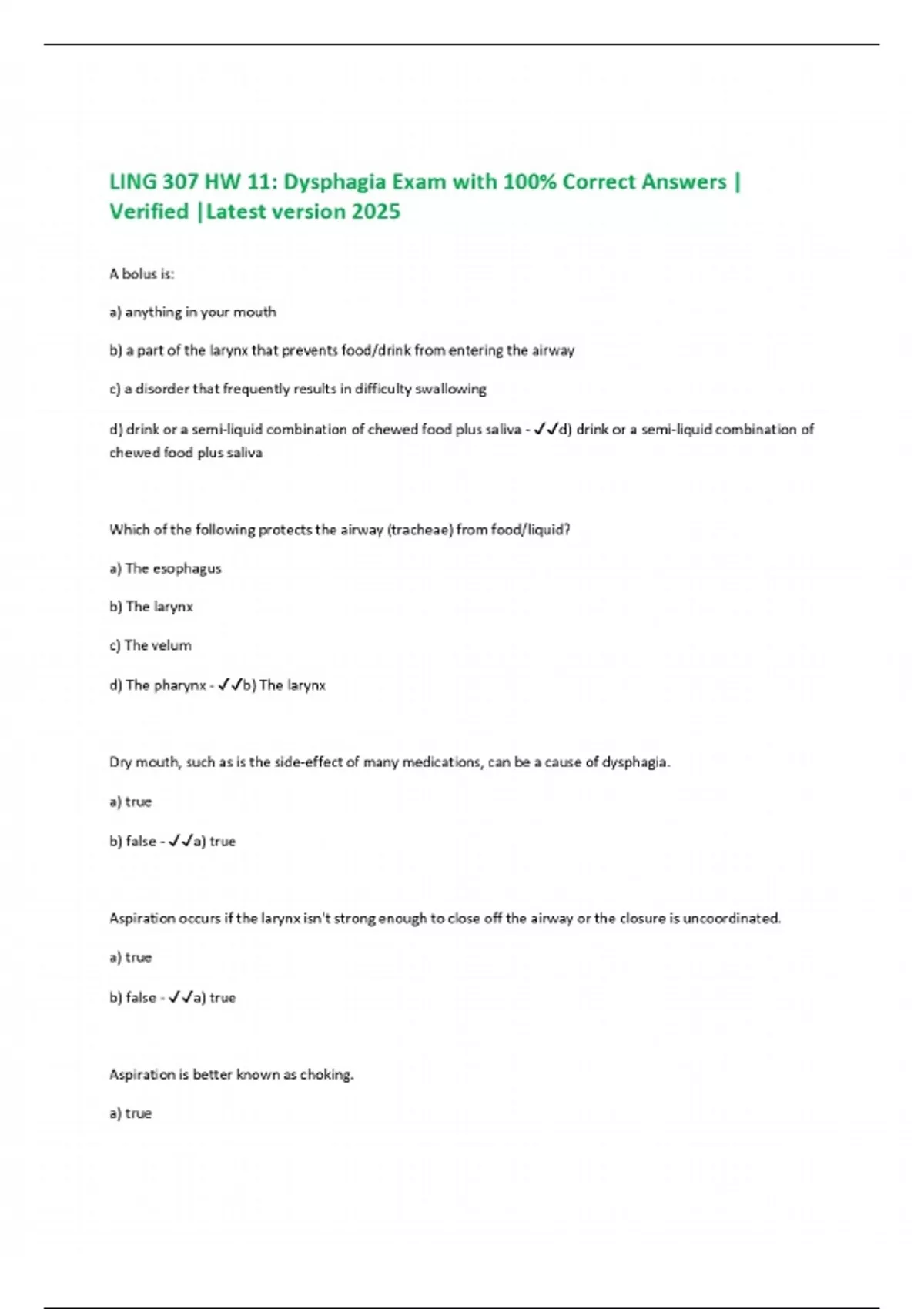 LING 307 HW 11: Dysphagia Exam with 100% Correct Answers | Verified ...