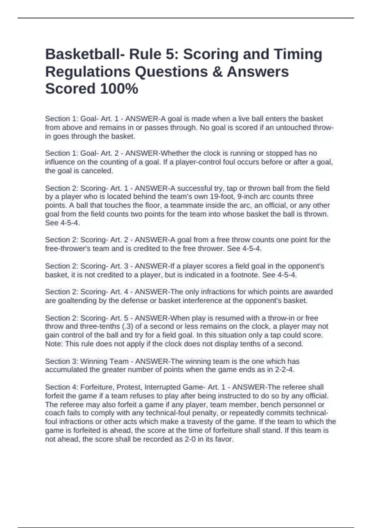 Basketball- Rule 5: Scoring and Timing Regulations Questions & Answers ...