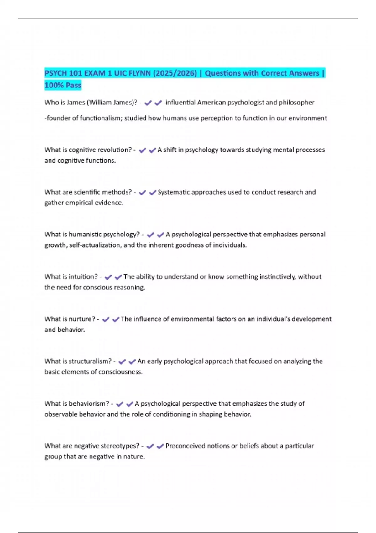 PSYCH 101 EXAM 1 UIC FLYNN (2025/2026) | Questions with Correct Answers ...