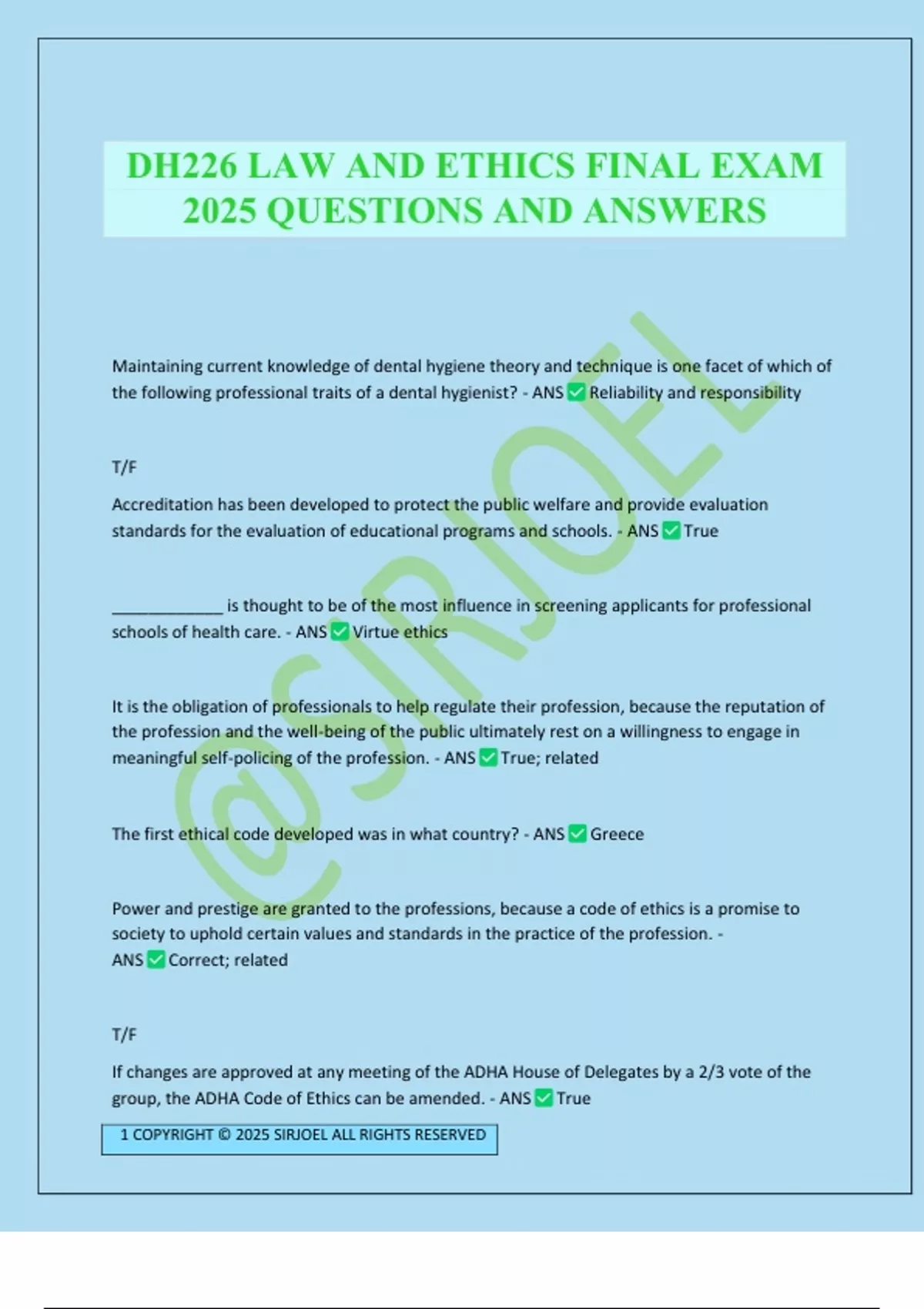 DH226 LAW AND ETHICS FINAL EXAM 2025 QUESTIONS AND ANSWERS - DH226 ...