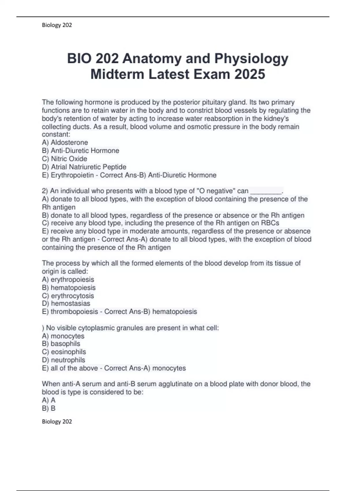 BIO 202 Anatomy and Physiology Midterm Latest Exam 2025 - BIO 202 ...