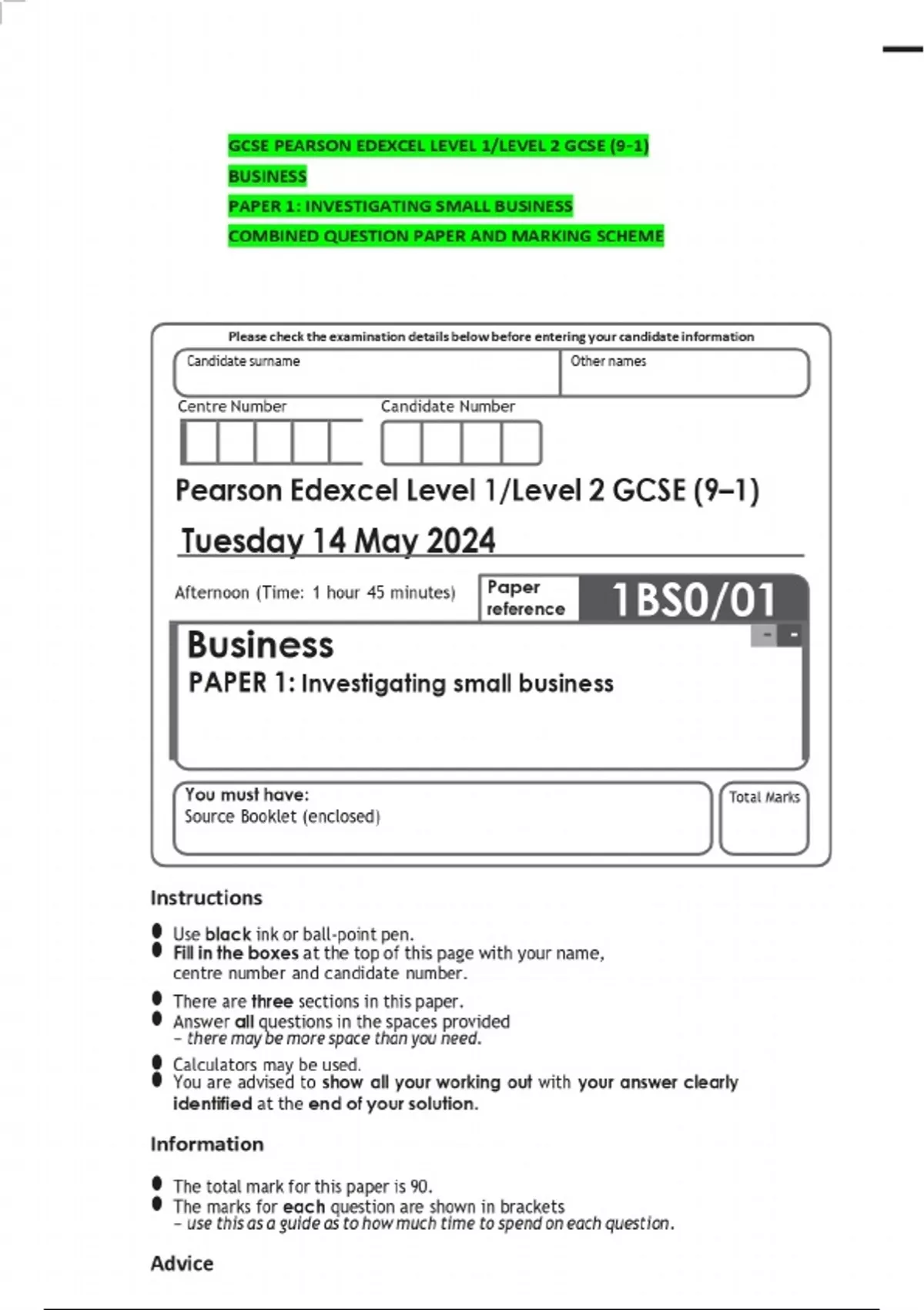 GCSE PEARSON EDEXCEL LEVEL 1/LEVEL 2 GCSE (9–1) BUSINESS PAPER 1 ...