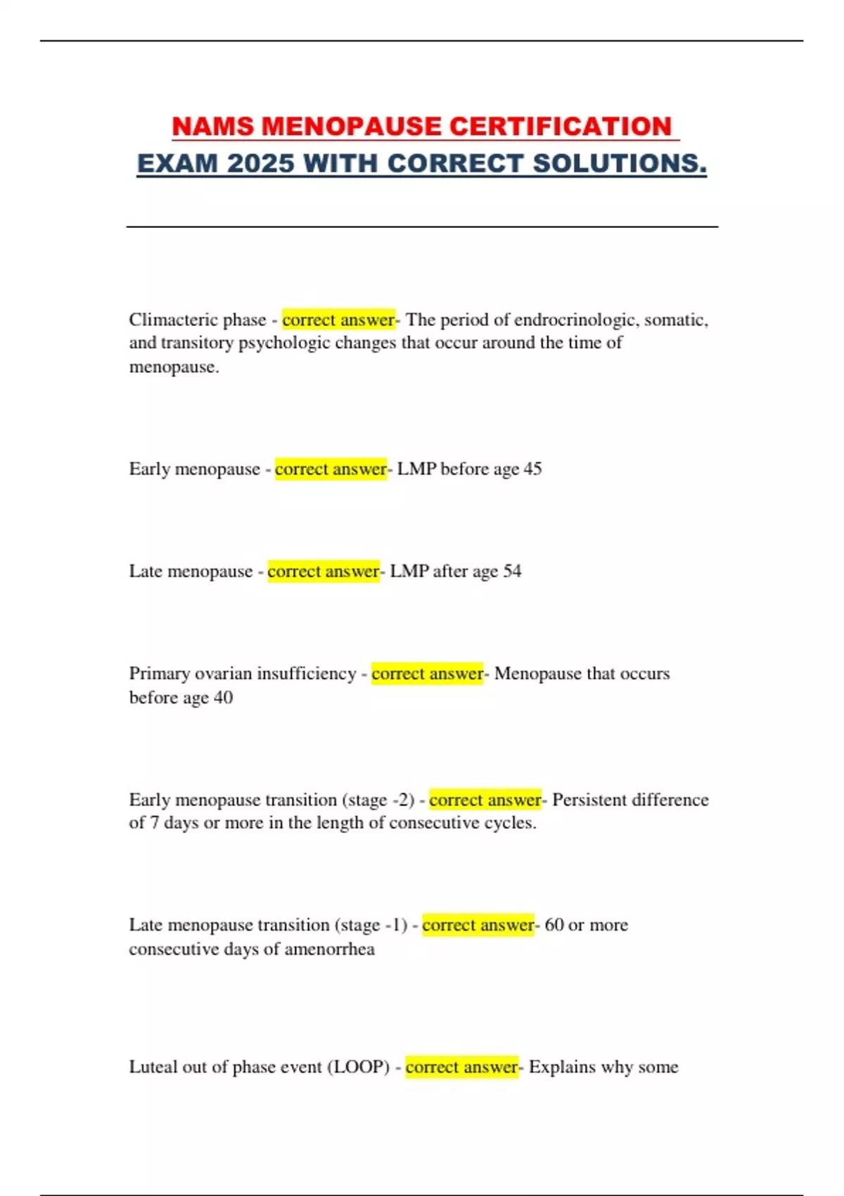 NAMS Menopause Certification Exam 2025 – Complete Answer Key and ...