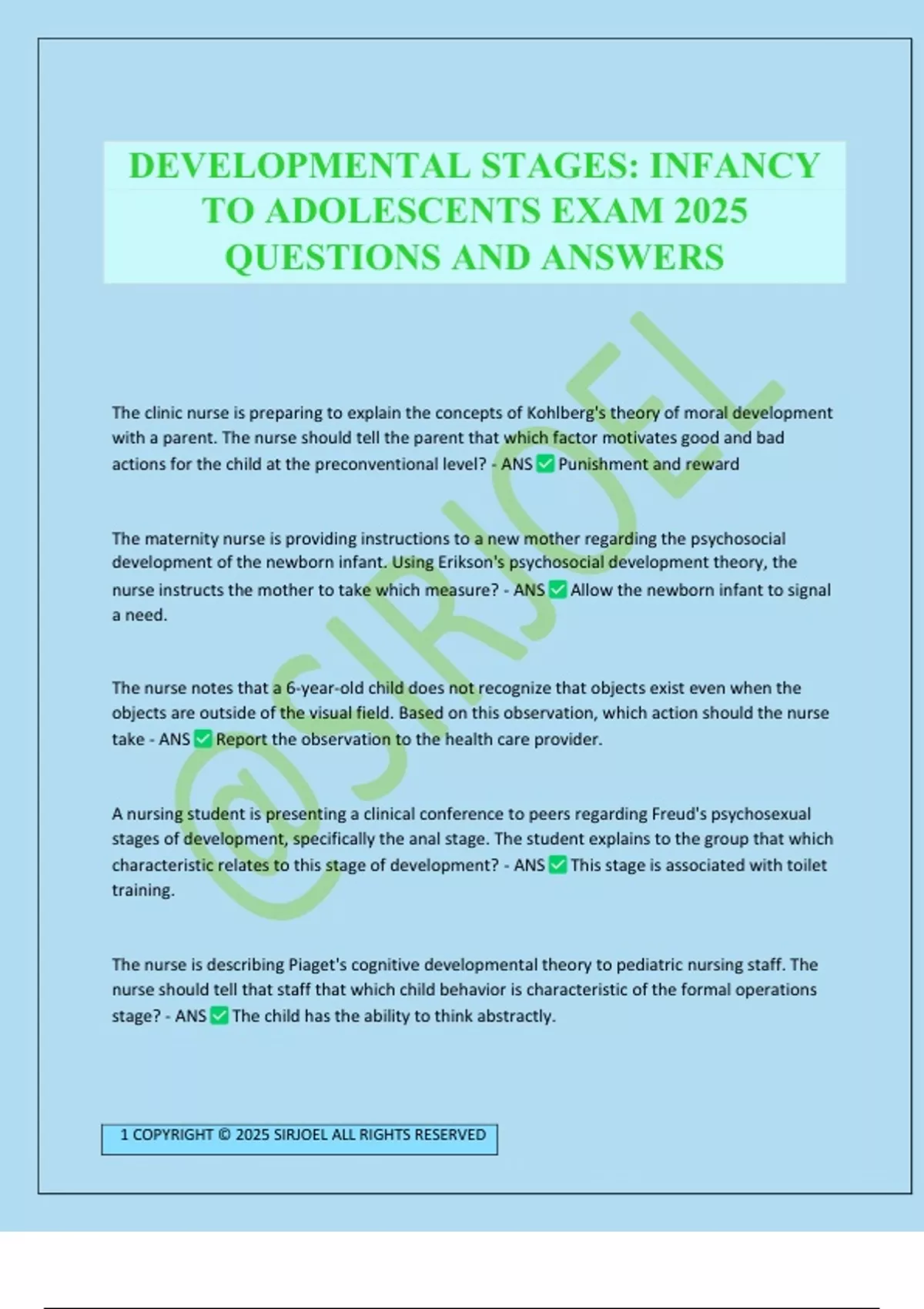 DEVELOPMENTAL STAGES: INFANCY TO ADOLESCENTS EXAM 2025 QUESTIONS AND ...