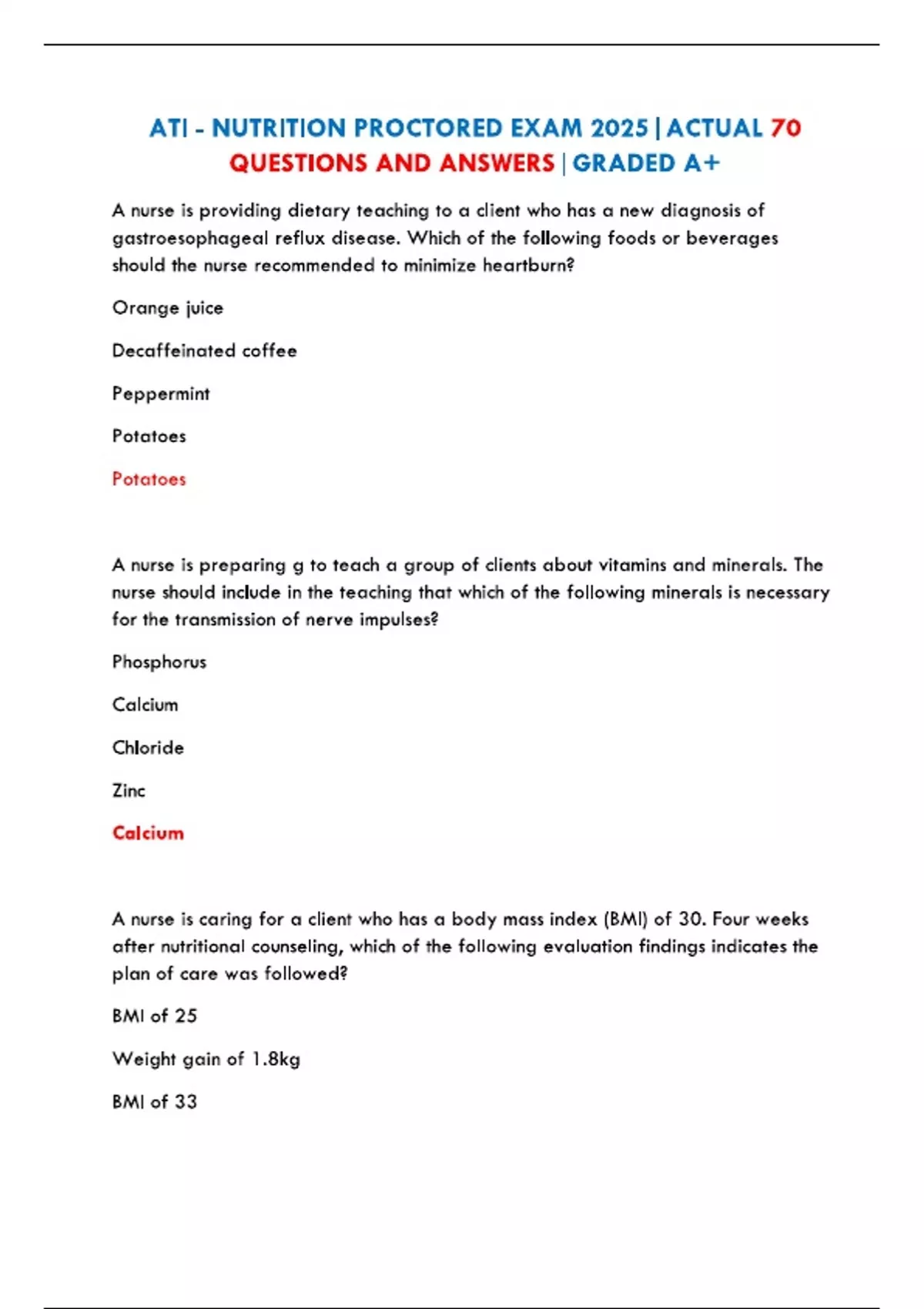 ATI - NUTRITION PROCTORED EXAM 2025|ACTUAL 70 QUESTIONS AND ANSWERS ...