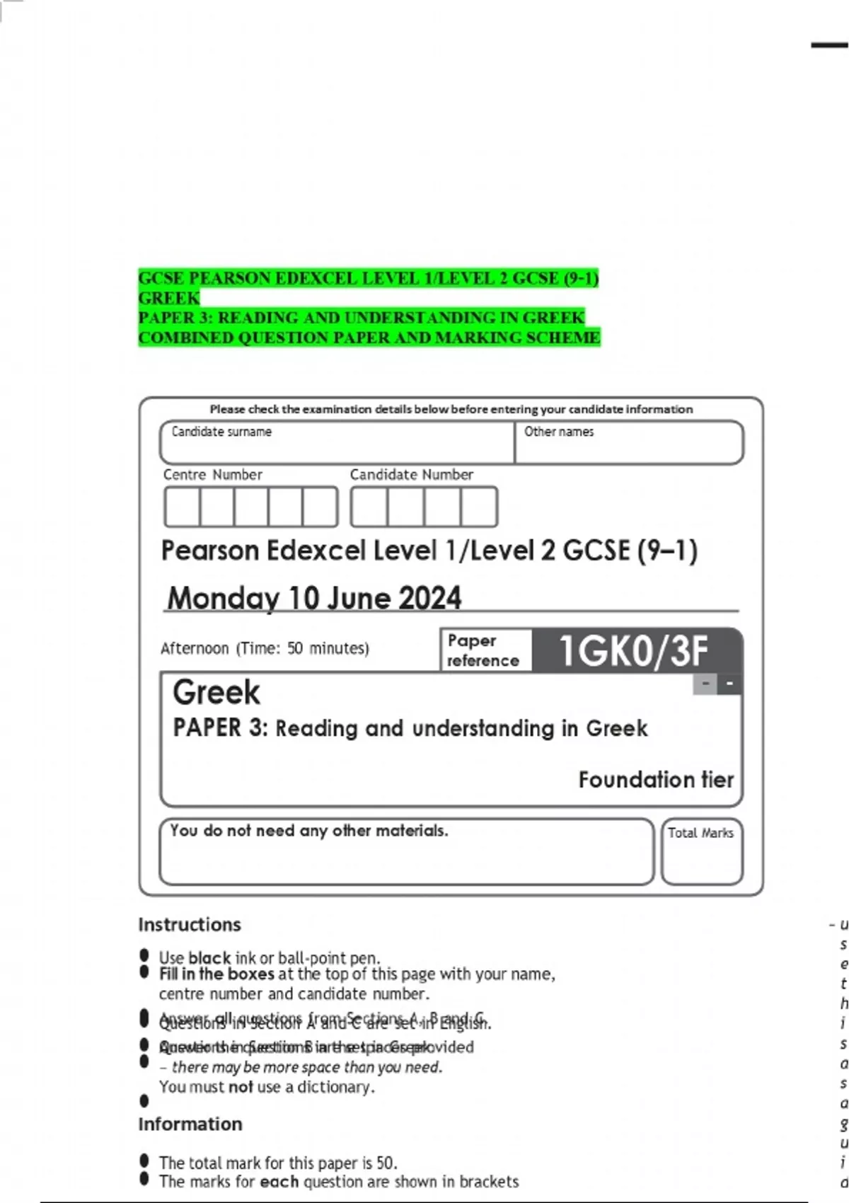 GCSE PEARSON EDEXCEL LEVEL 1/LEVEL 2 GCSE (9–1) GREEK PAPER 3: READING ...