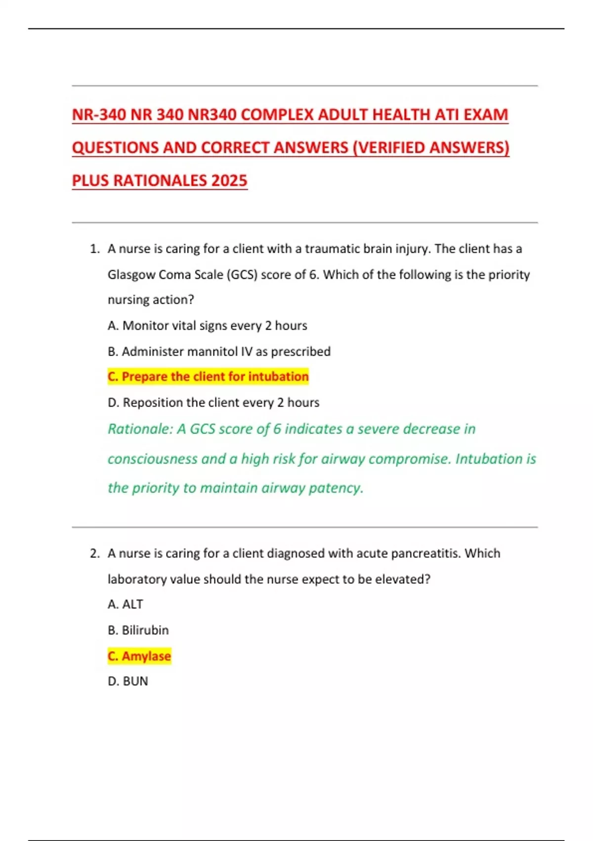 NR-340 NR 340 NR340 COMPLEX ADULT HEALTH ATI EXAM QUESTIONS AND CORRECT ...