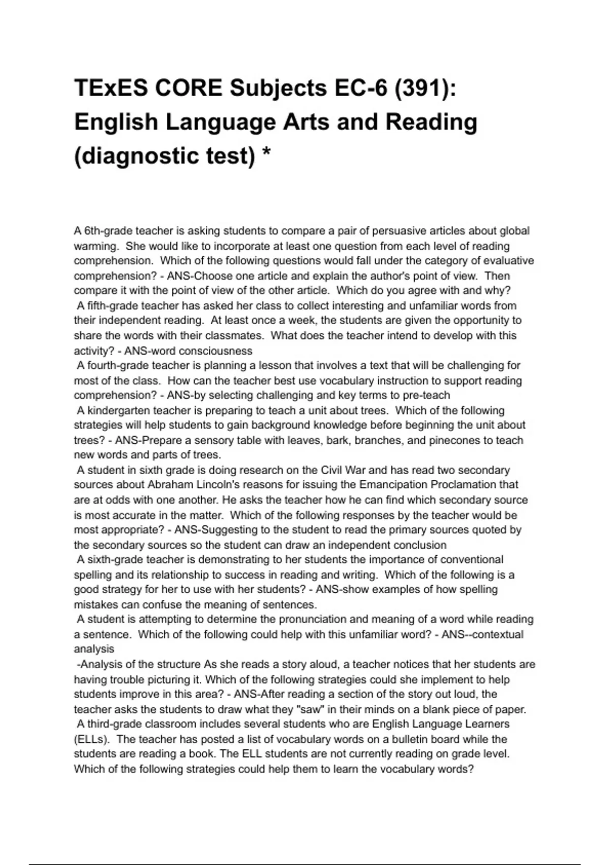 TExES CORE Subjects EC-6 (391): English Language Arts and Reading ...