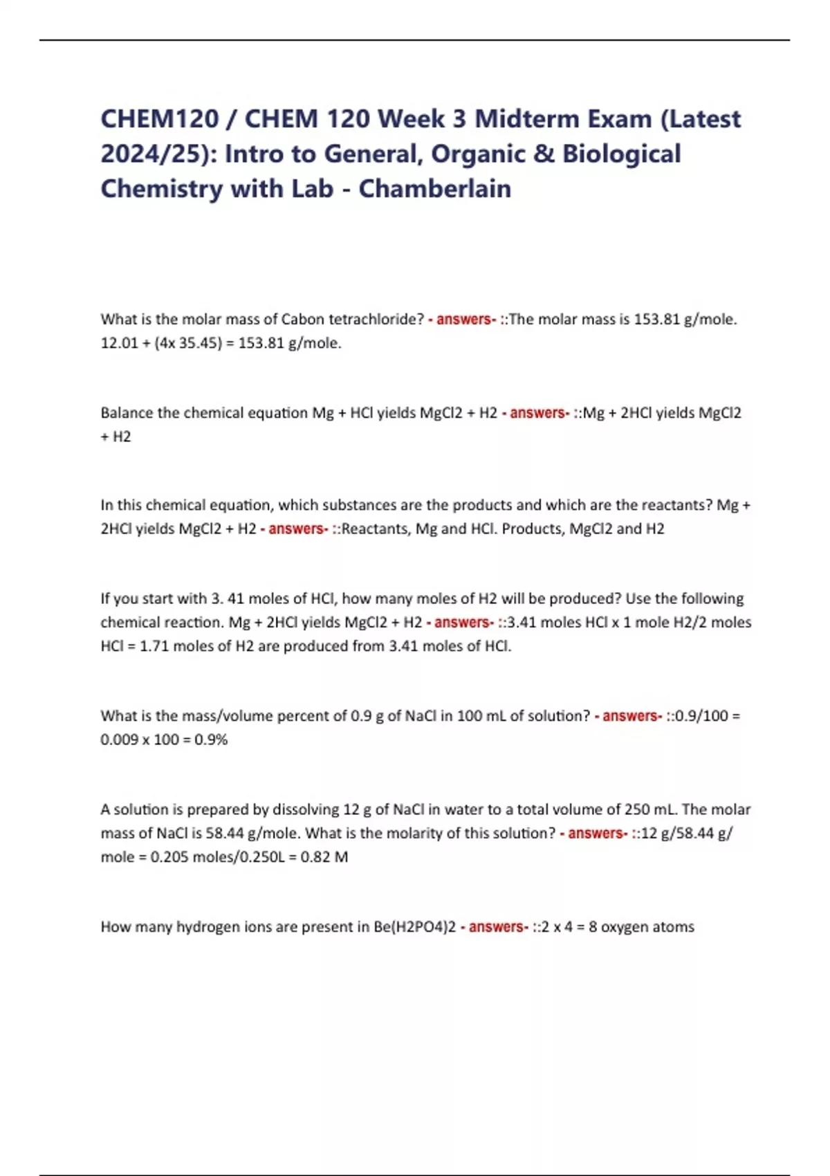 CHEM120 / CHEM 120 Week 3 Midterm Exam (Latest 2024/25): Intro to ...