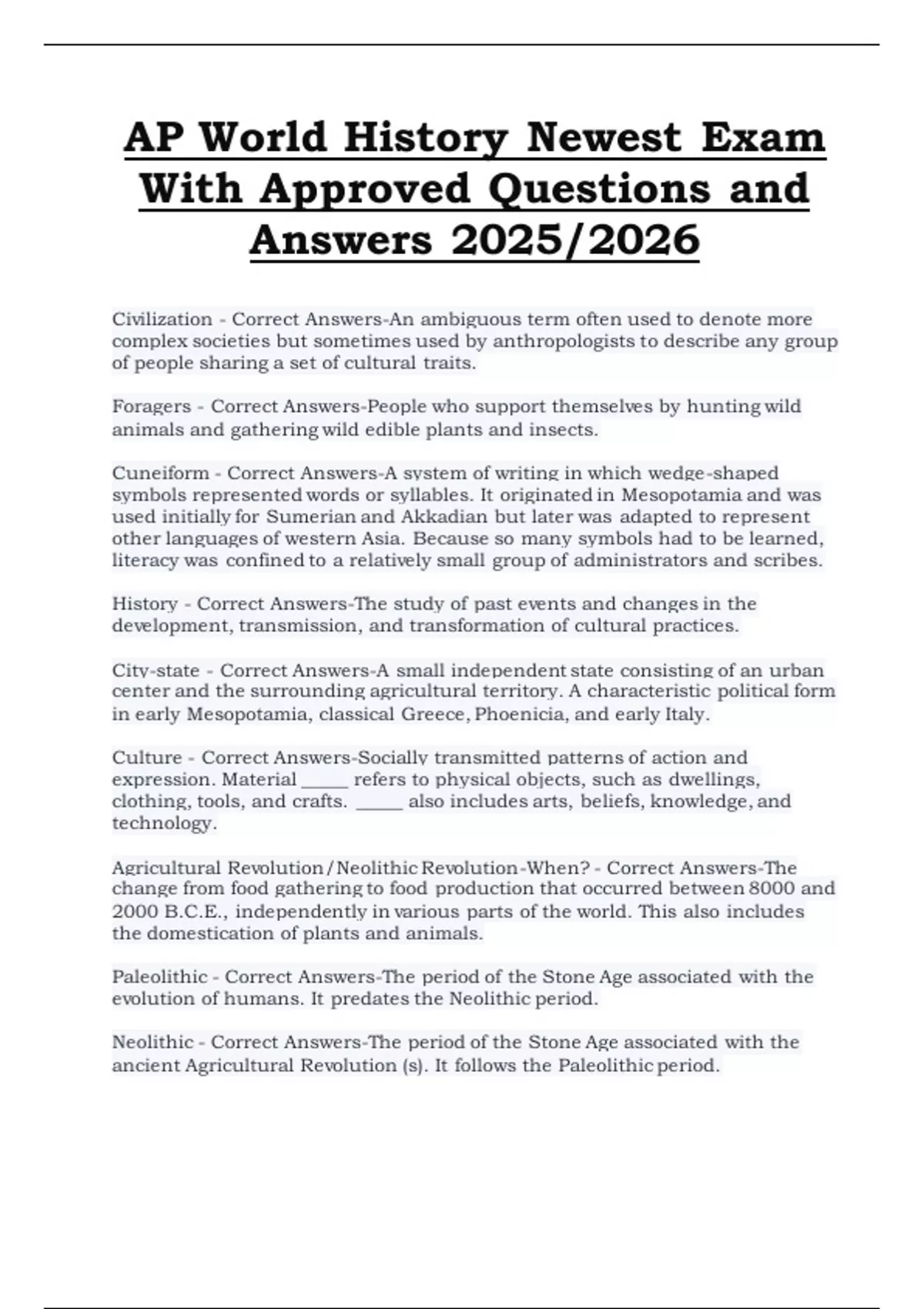 AP World History Newest Exam – Approved Questions and Answers – 2025/ ...