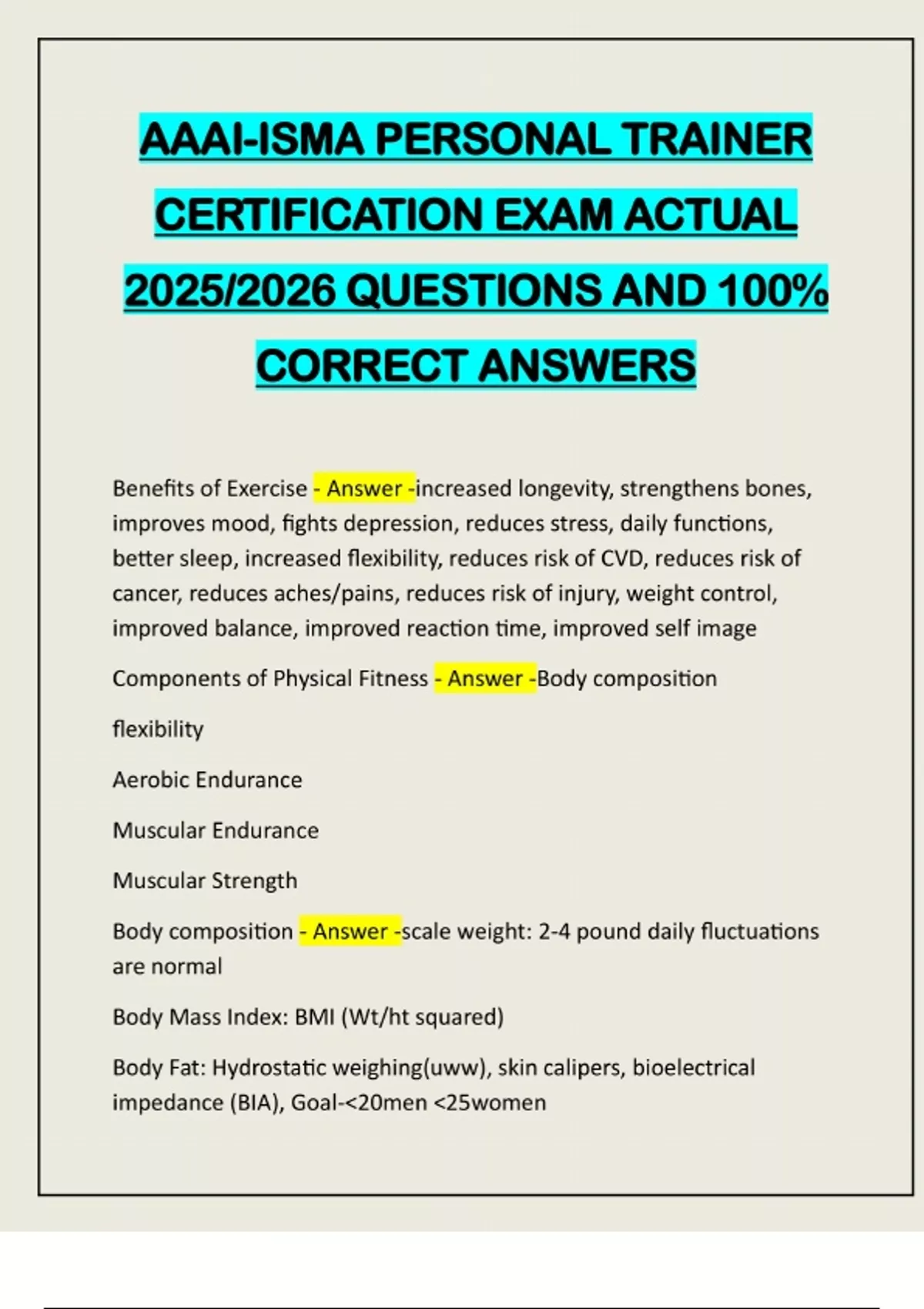 AAAI-ISMA PERSONAL TRAINER CERTIFICATION EXAM ACTUAL 2025/2026 ...