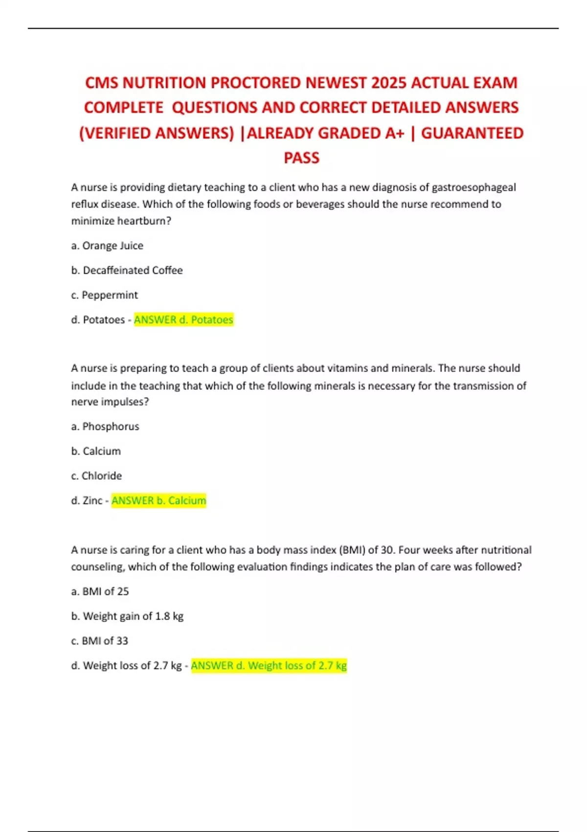 CMS NUTRITION PROCTORED NEWEST 2025 ACTUAL EXAM COMPLETE QUESTIONS AND ...