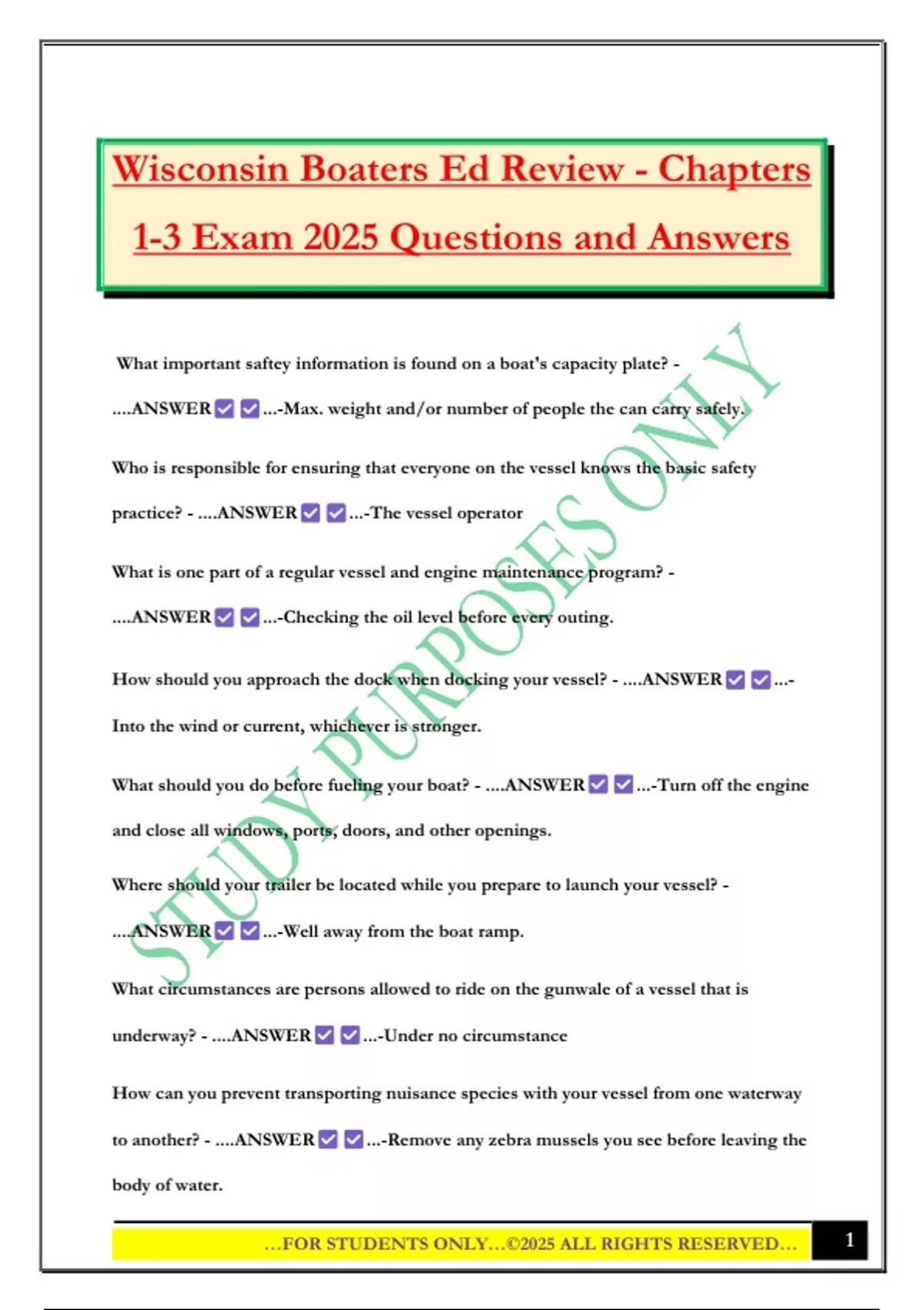 Wisconsin Boaters Ed Review - Chapters 1-3 Exam 2025 Questions and ...