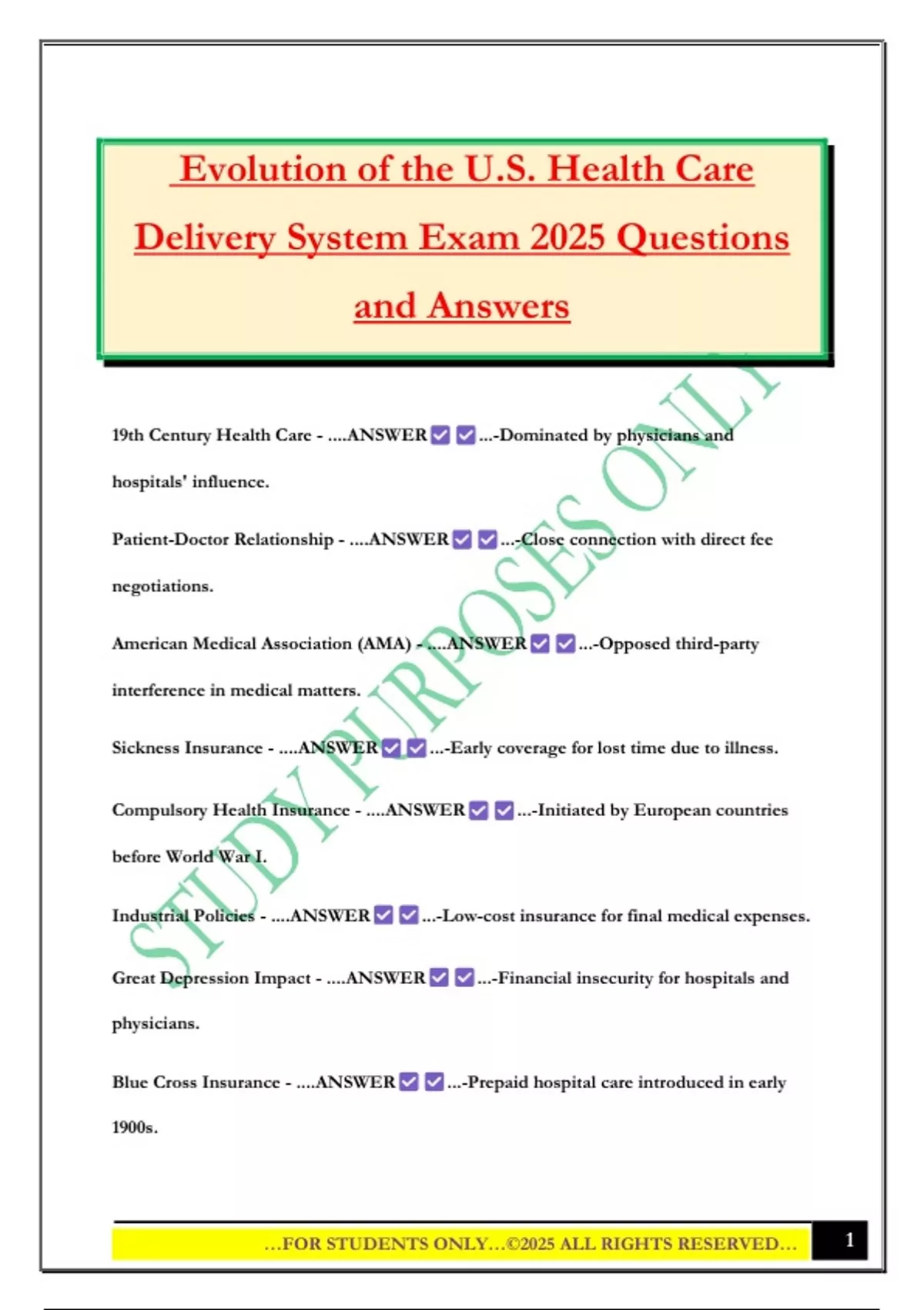 Evolution of the U.S. Health Care Delivery System Exam 2025 Questions ...