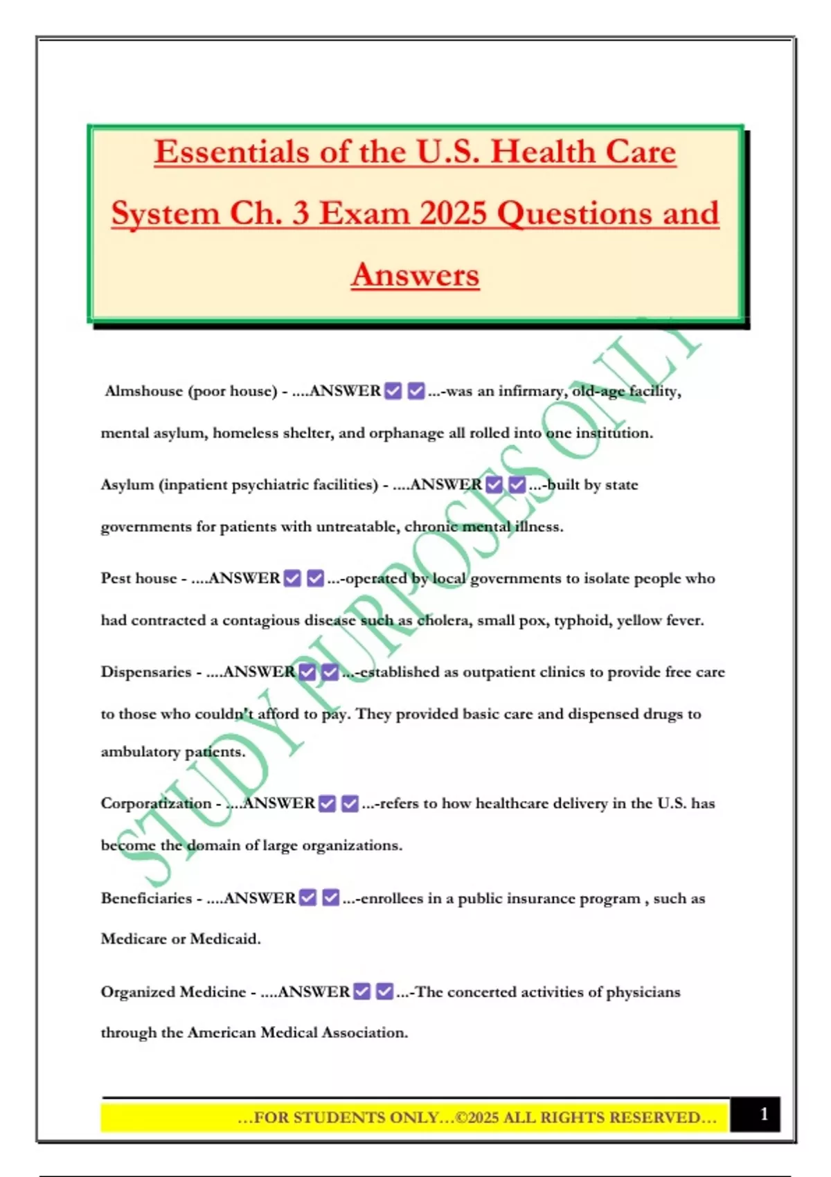 Essentials of the U.S. Health Care System Ch. 3 Exam 2025 Questions and ...