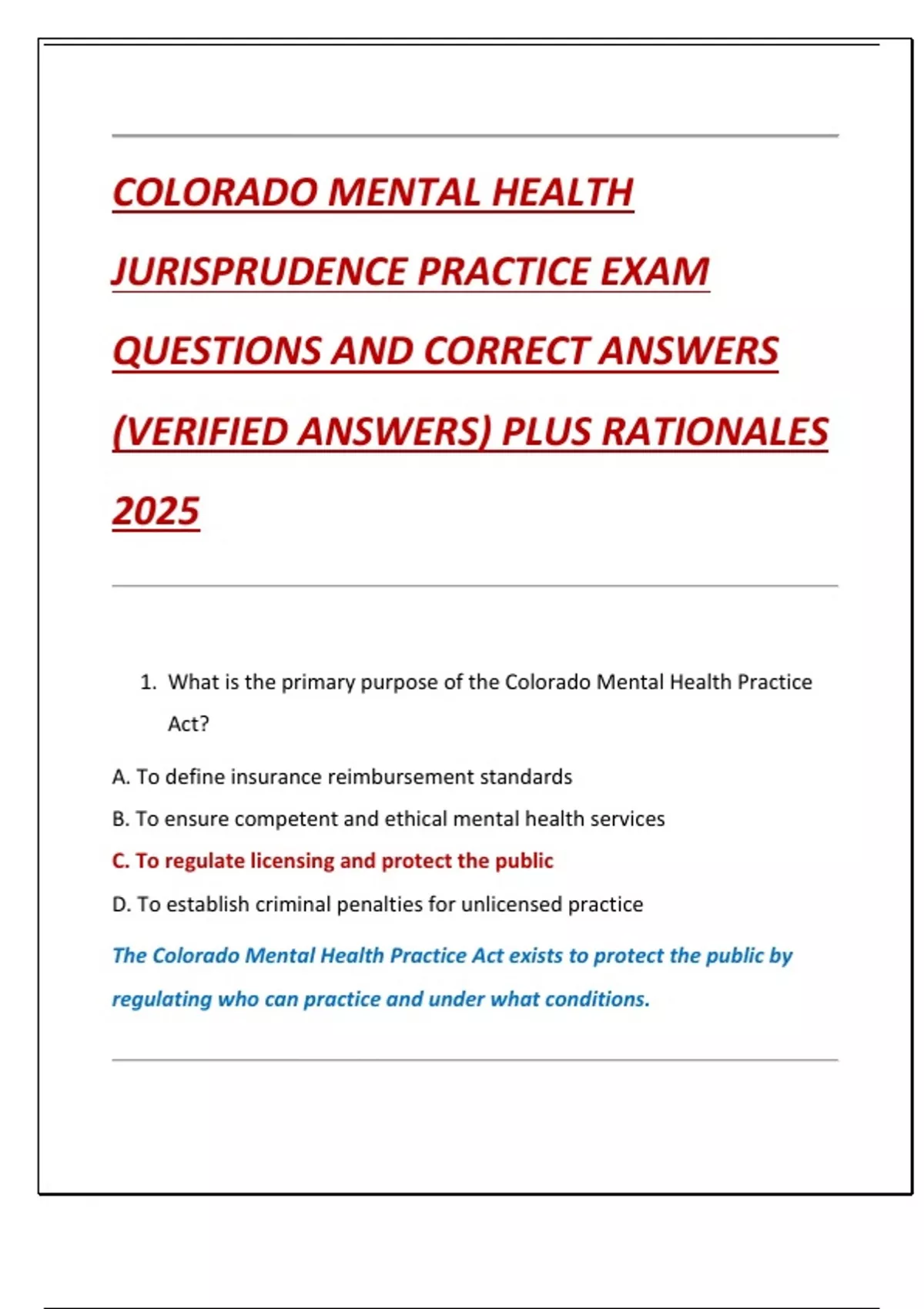 COLORADO MENTAL HEALTH JURISPRUDENCE PRACTICE EXAM QUESTIONS AND CORRECT ANSWERS (VERIFIED ...