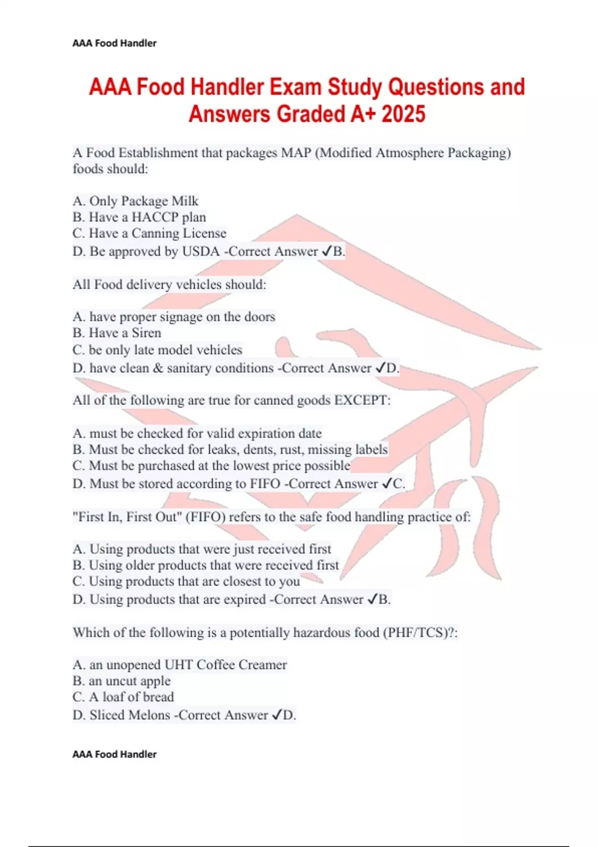 AAA Food Handler Exam Study Questions and Answers Graded A+ 2025 - AAA ...