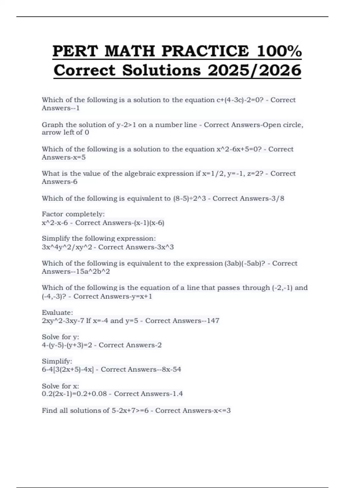 PERT Math Practice – 100% Correct Solutions (2025/2026) – Verified ...