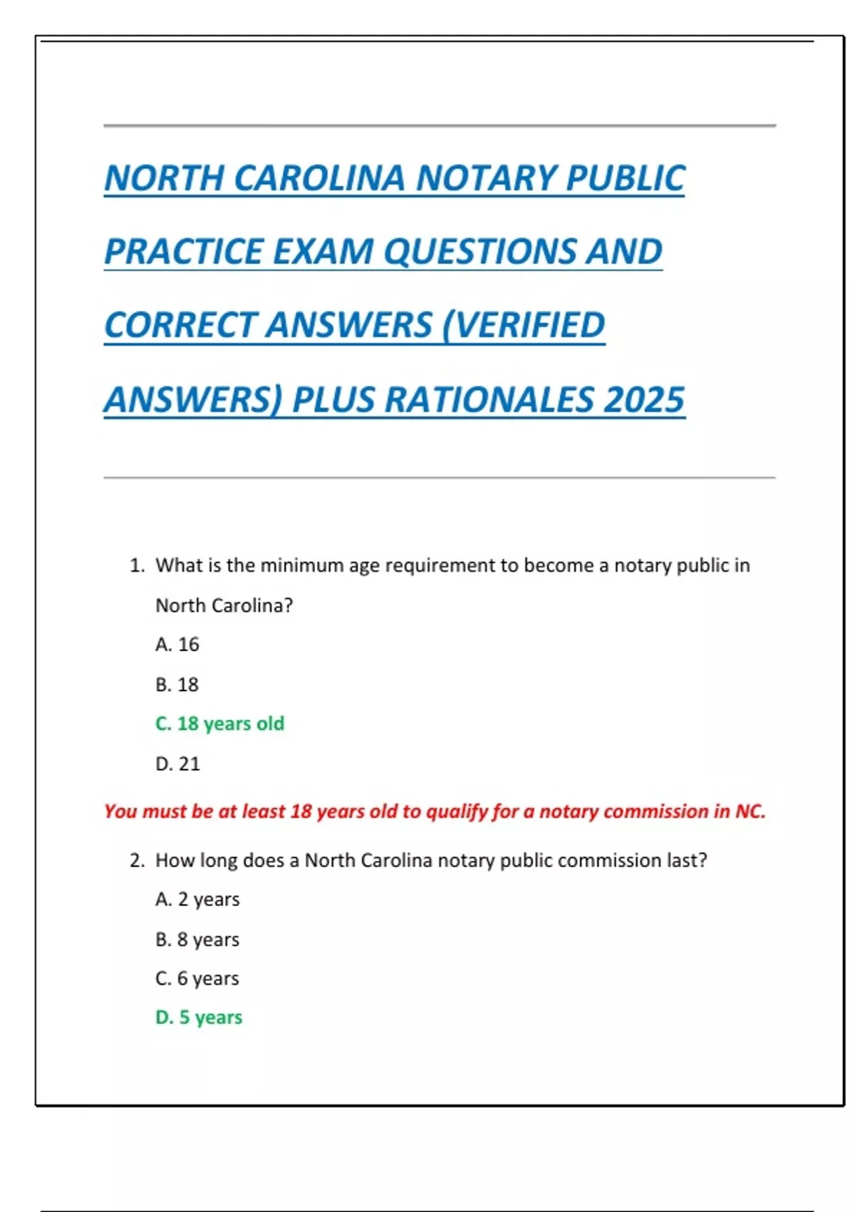 NORTH CAROLINA NOTARY PUBLIC PRACTICE EXAM QUESTIONS AND CORRECT ANSWERS (VERIFIED ANSWERS) PLUS ...