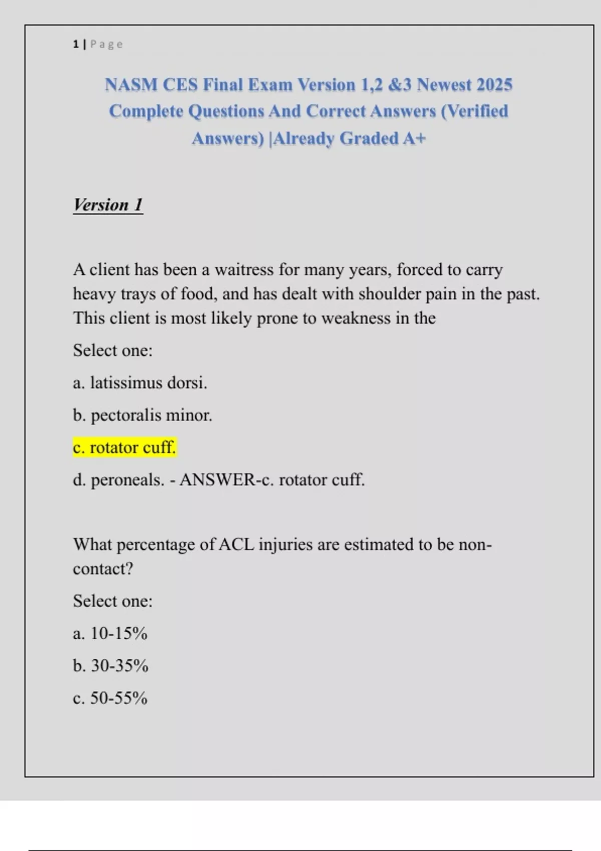 NASM CES Final Exam Version 1,2 &3 Newest 2025 Complete Questions And ...