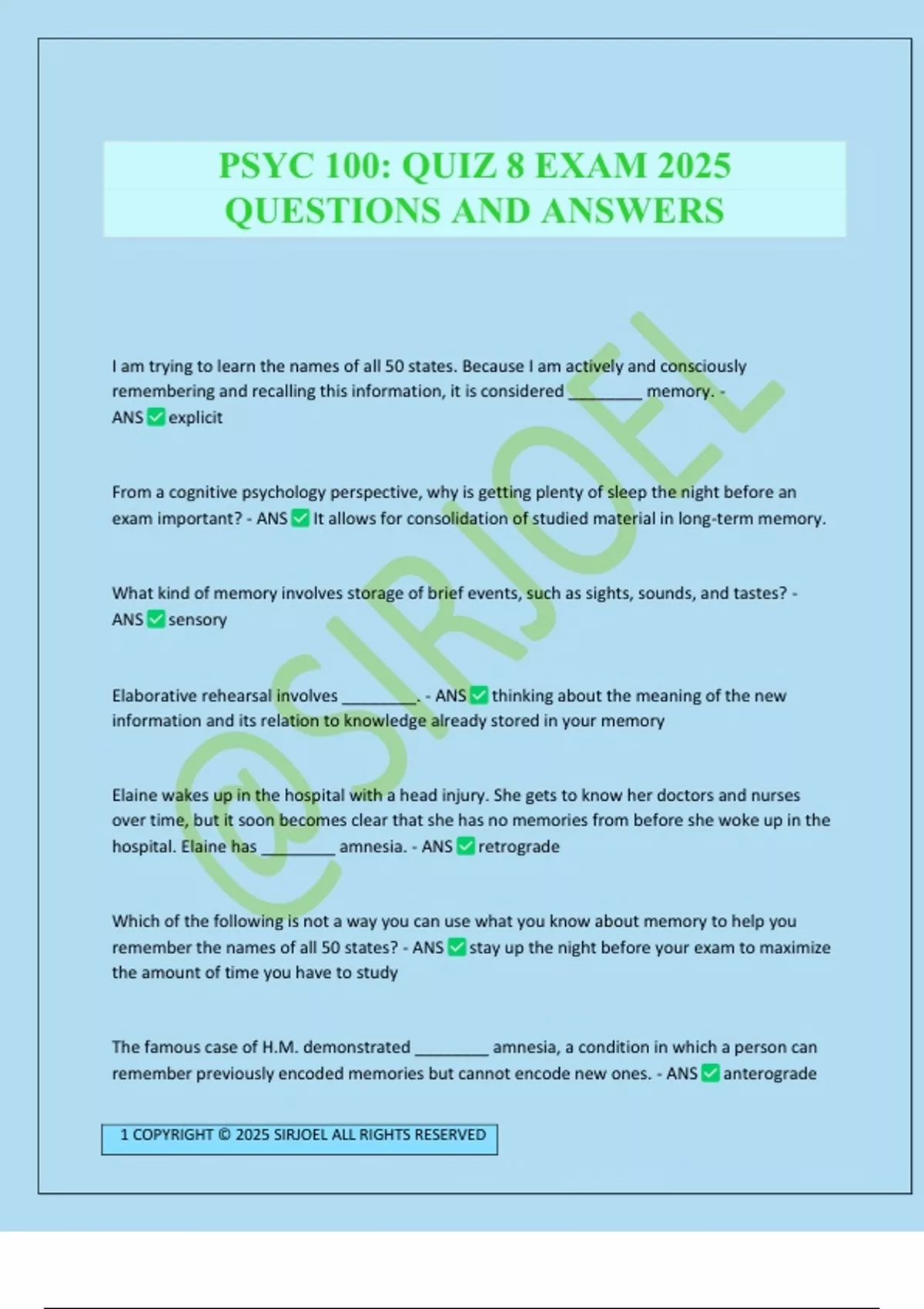 PSYC 100: QUIZ 8 EXAM 2025 QUESTIONS AND ANSWERS - PSYC - Stuvia US