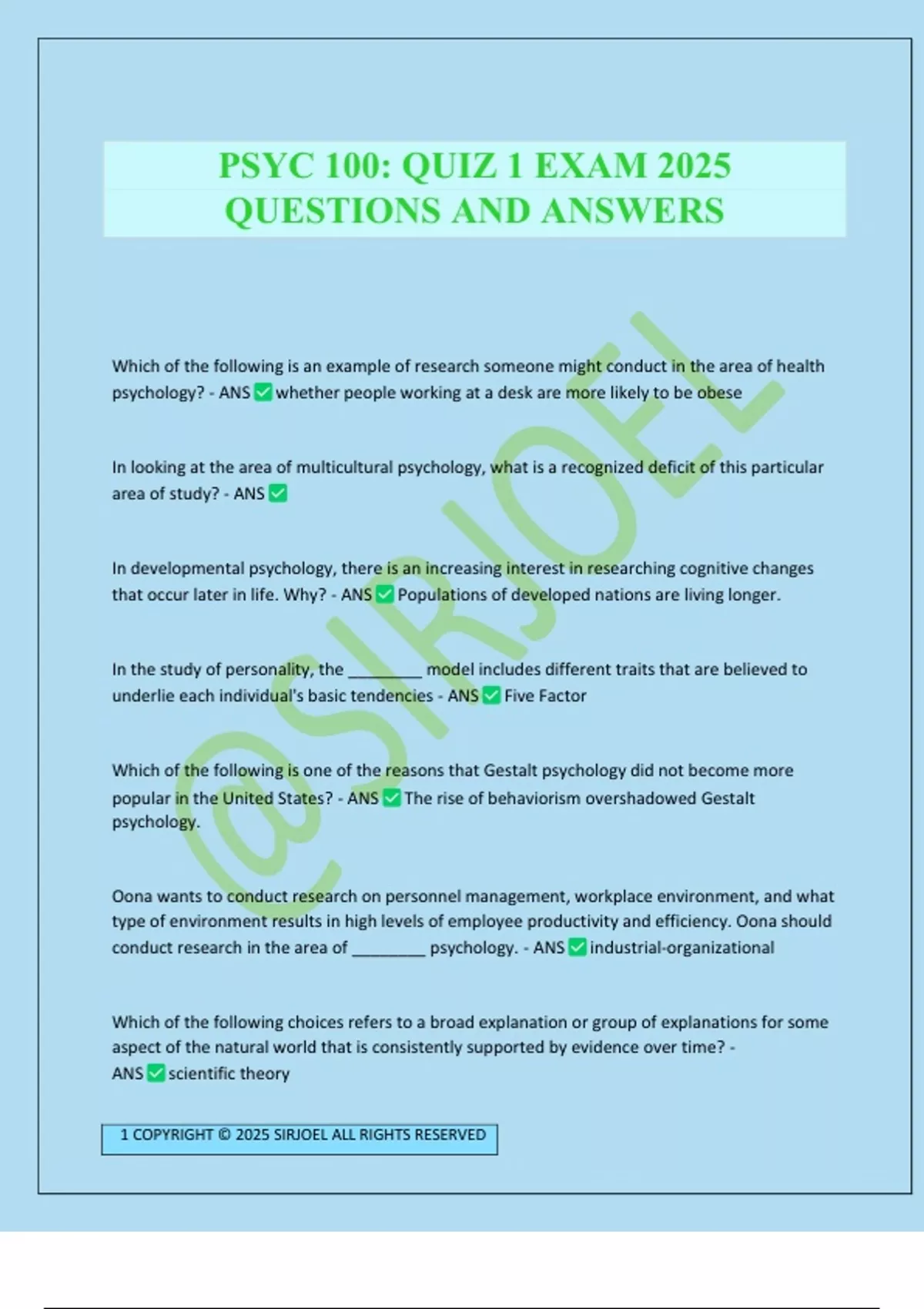 PSYC 100: QUIZ 1 EXAM 2025 QUESTIONS AND ANSWERS - PSYC - Stuvia US