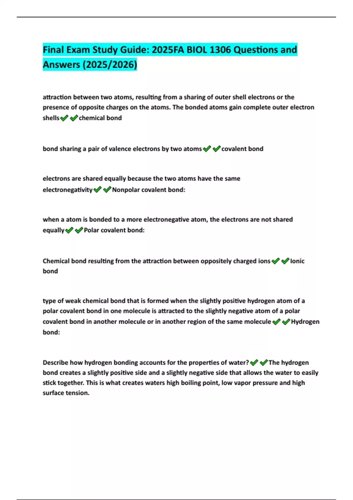 Final Exam Study Guide: 2025FA BIOL 1306 Questions and Answers (2025/ ...