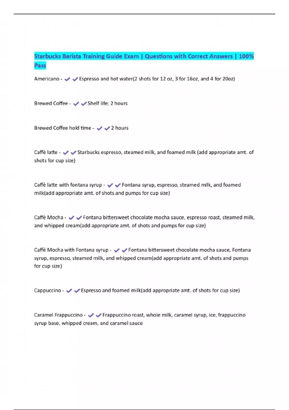 Starbucks Barista Training Guide Exam | Questions with Correct Answers ...