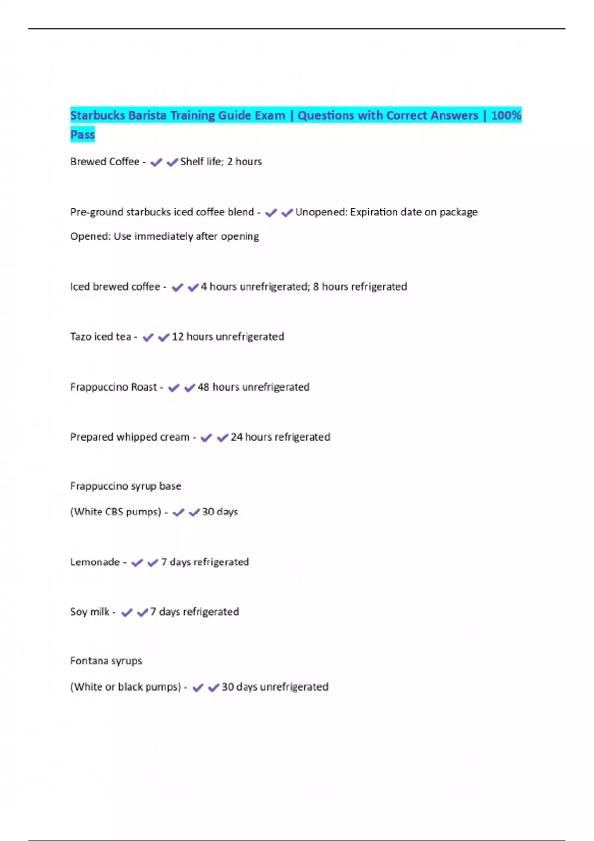 Starbucks Barista Training Guide Exam | Questions with Correct Answers ...